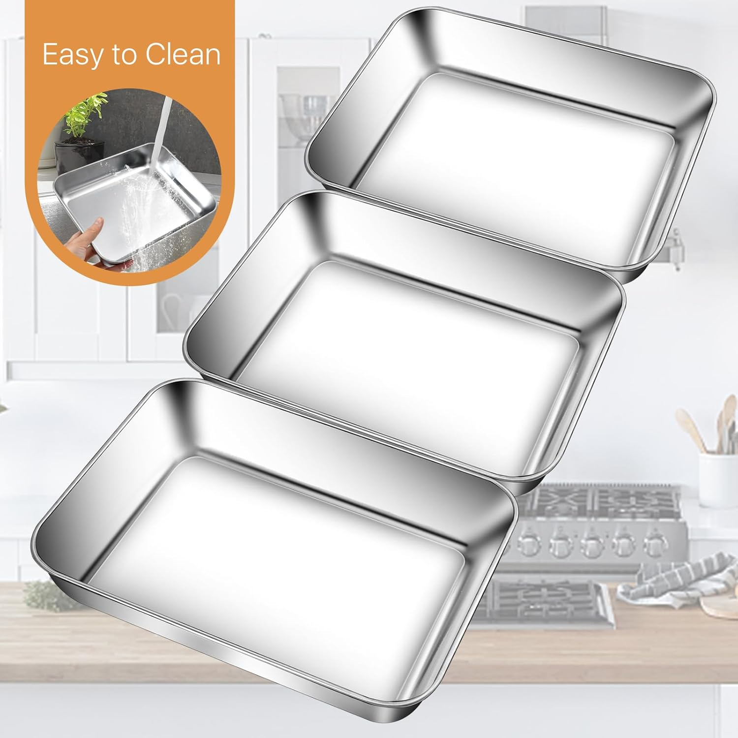 3 Set Stainless Steel Breading Trays Set with Lids, Dust Proof Breading Pans with Tong for Dredging Chicken Breasts，Marinating Meat, Food Prep Trays Oven & Dishwasher Safe image number 3