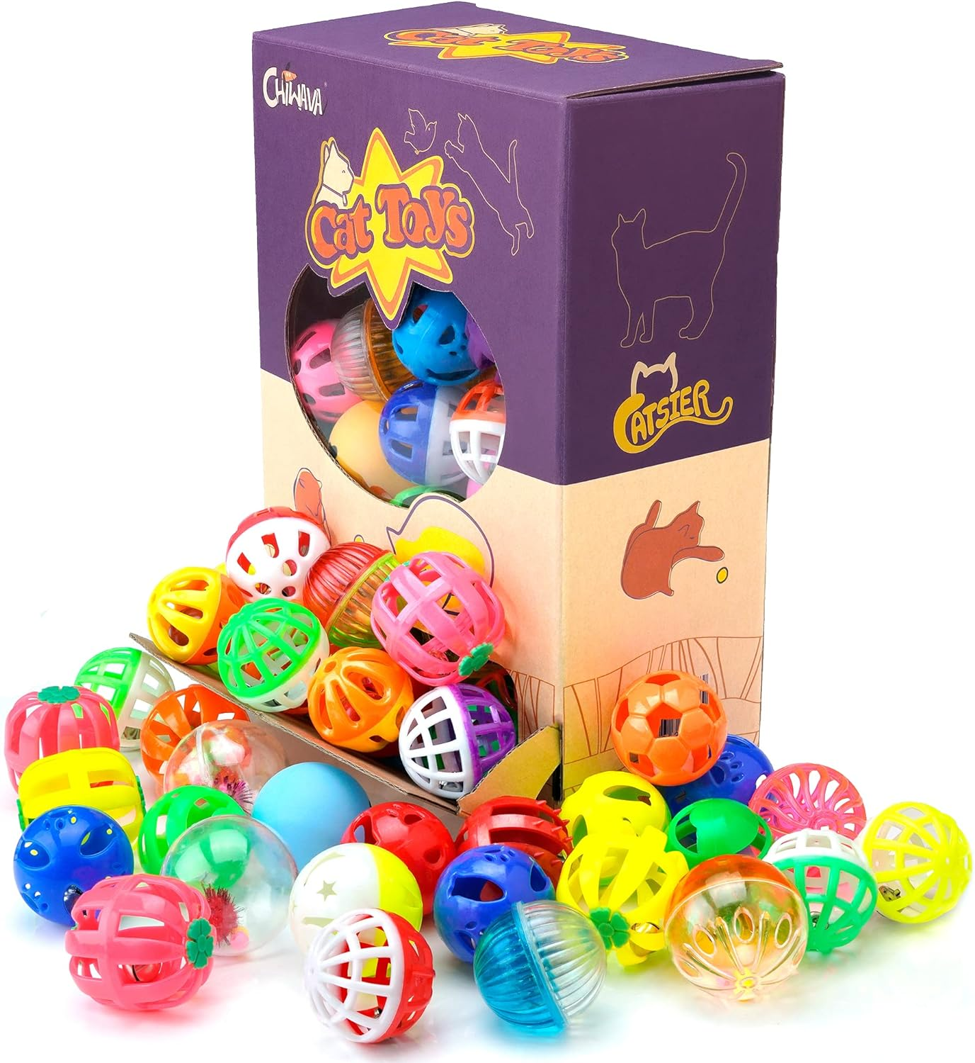 Chiwava 48 Pack Plastic Noisy Cat Toy Balls with Bell Kitten Chase Toy 8 Types Assorted Color Size - Assorted Color image number 6