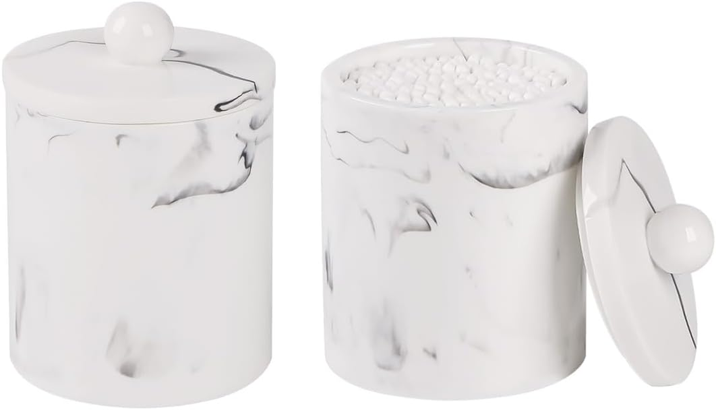 Tonxus Bathroom Vanity Countertop Divided Jars with Lid,Cotton Swab Holder,Resin Cotton Ball Container Makeup Sponges Cosmetics Canister,Bath Salts Storage Box (Marble White of 2)