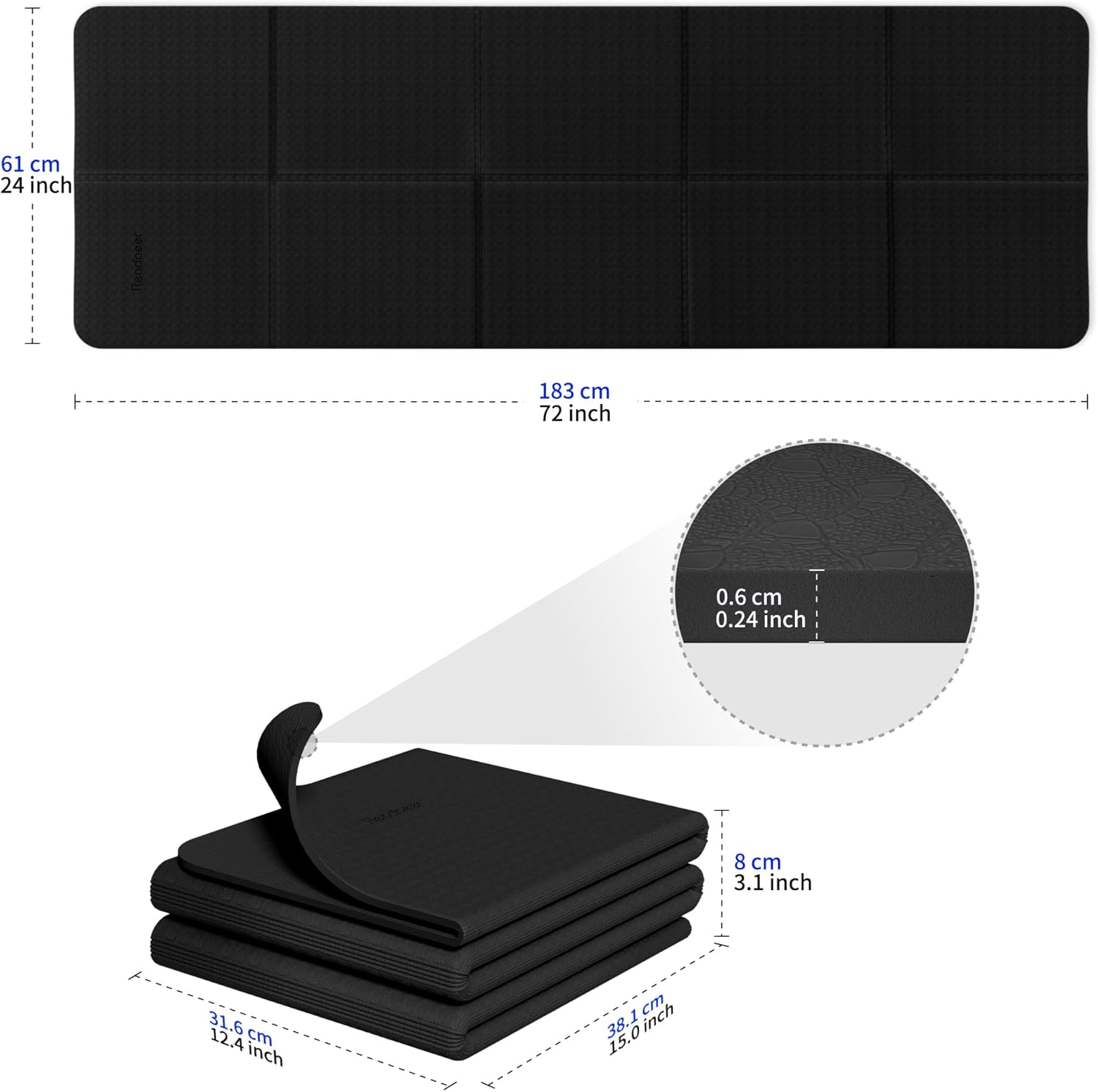 Yoga Mat Non Slip 1/4" TPE Folding Yoga Mat,Readaeer 72"X24" Exercise Yoga Mat- Training Mat Fitness Mat for Women, Men & Children