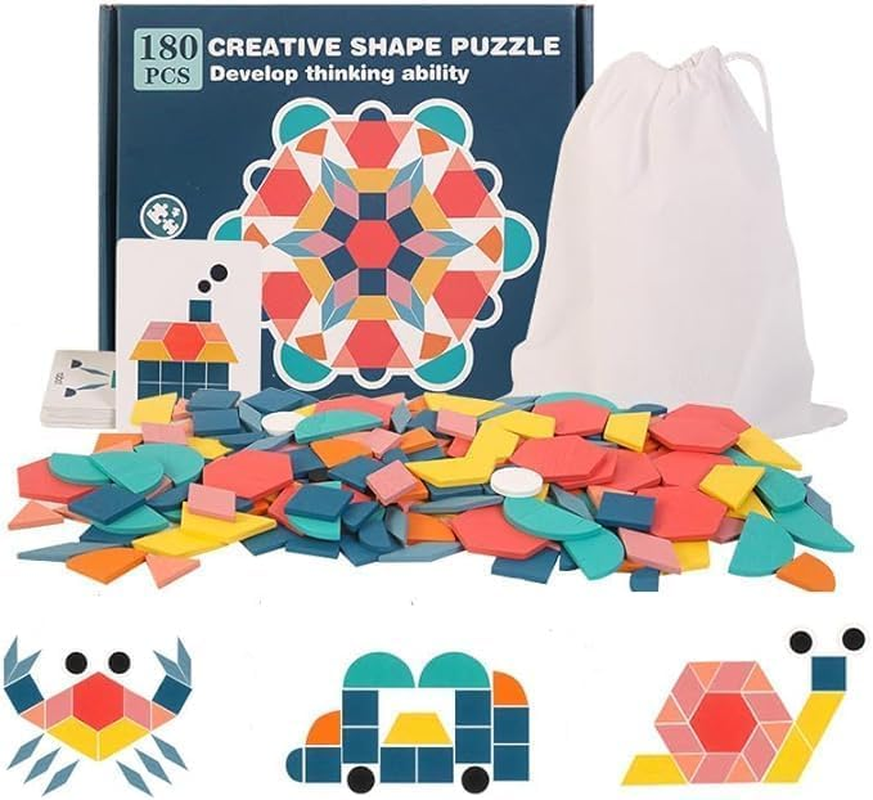 Wooden Pattern Blocks with Cards,180Pcs Tangram Shape Puzzle Set for Kids,Stem Educational Toys for Ages 4-8 image number 5