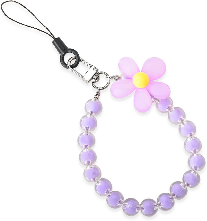 Cell Phone Chain Wrist Strap for Case Keychain - Pink Flower Beaded Lanyard Accessories Bracelet Wristlet for Women Ladies - Birthday Graduation Gifts for Friends