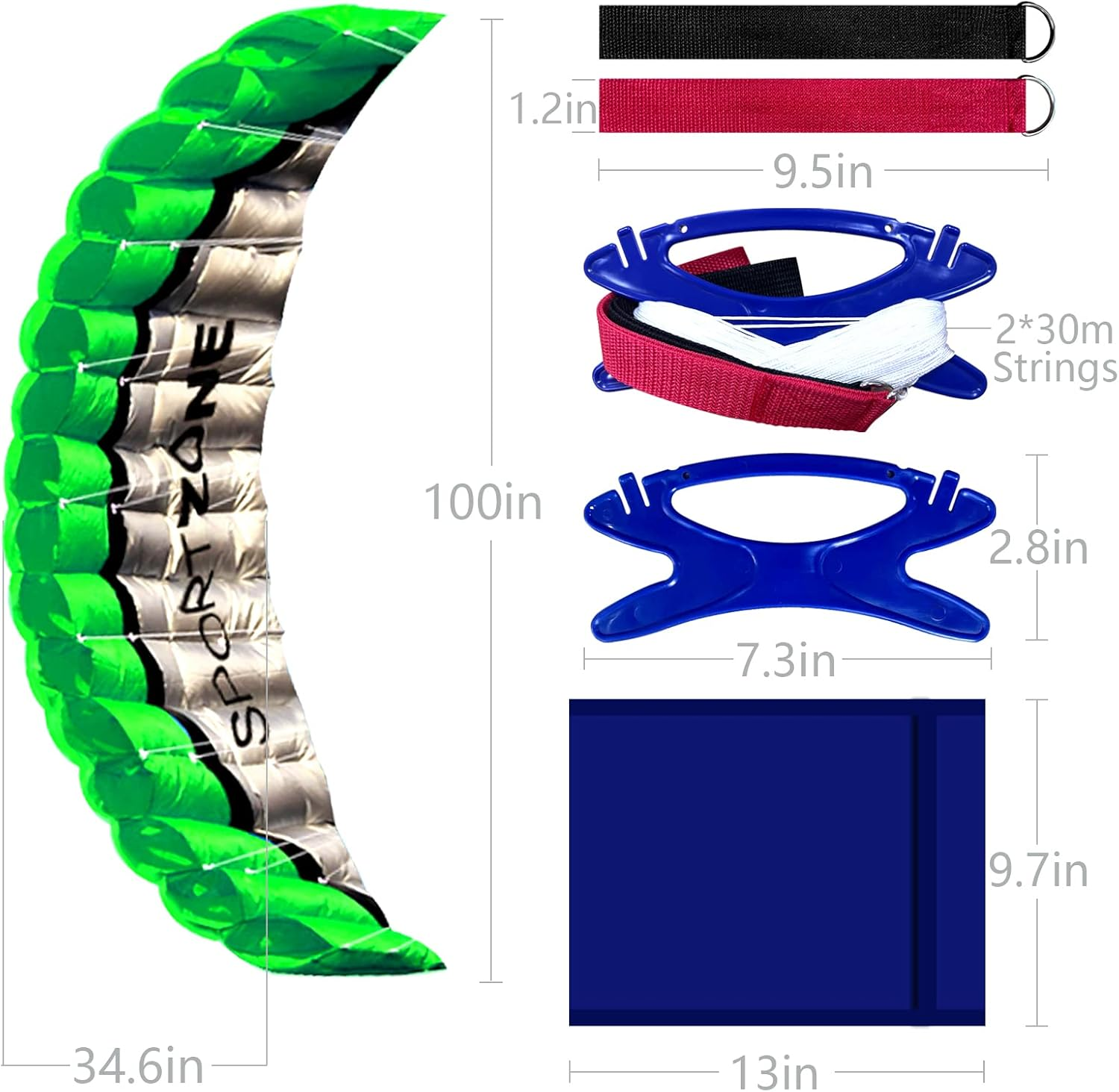 Touch the Sky 100 Inch Double Cord Stunt Parachute Kite with Wrist Bands. Unique Structure Design, Excellent Outdoor Toy, Suitable for Advanced & Enthusiasts. (Green)