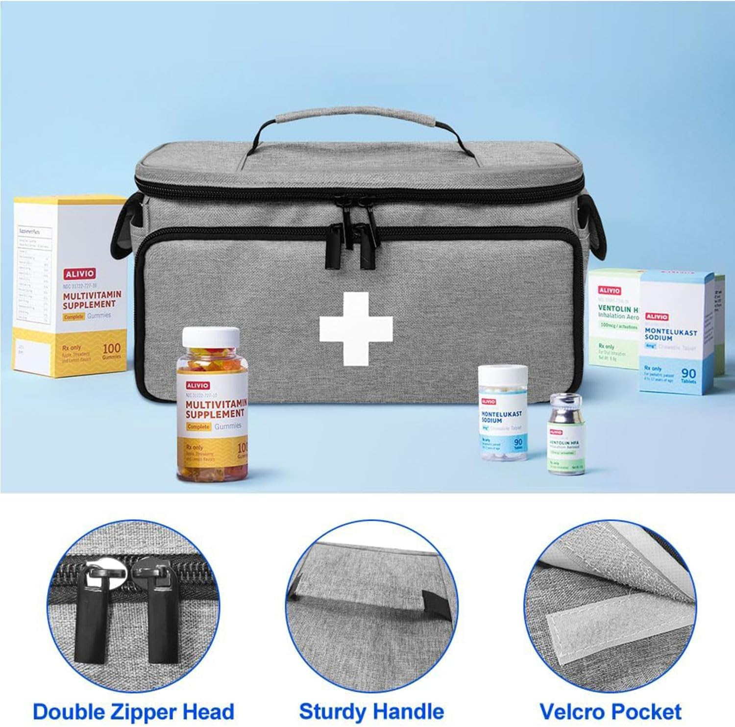 Medicine Bag, First Aid Kit, Medicine Storage Box, Travel First Aid Kits Bag, Emergency Kits Organizer, Portable Lockable Pill Bottle Organizer, Outdoor Survival Bag (Grey) image number 4