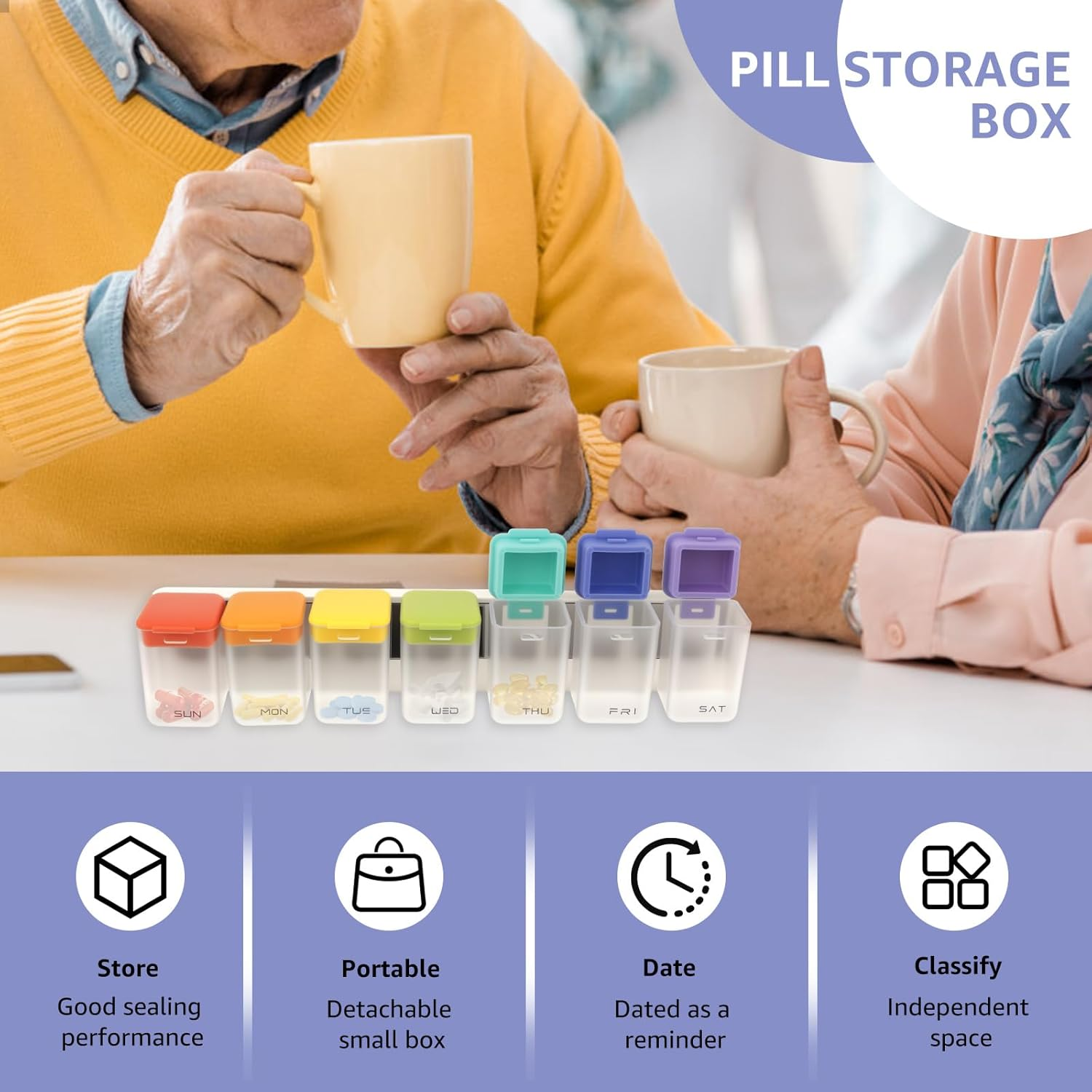 Plastic Magnetic Weekly Pill Organizer, Removable Large Capacity Weekly Pill Dispenser Box, with Sealed Lid for Supplement Vitamins Fish Oil (Colourful) image number 5