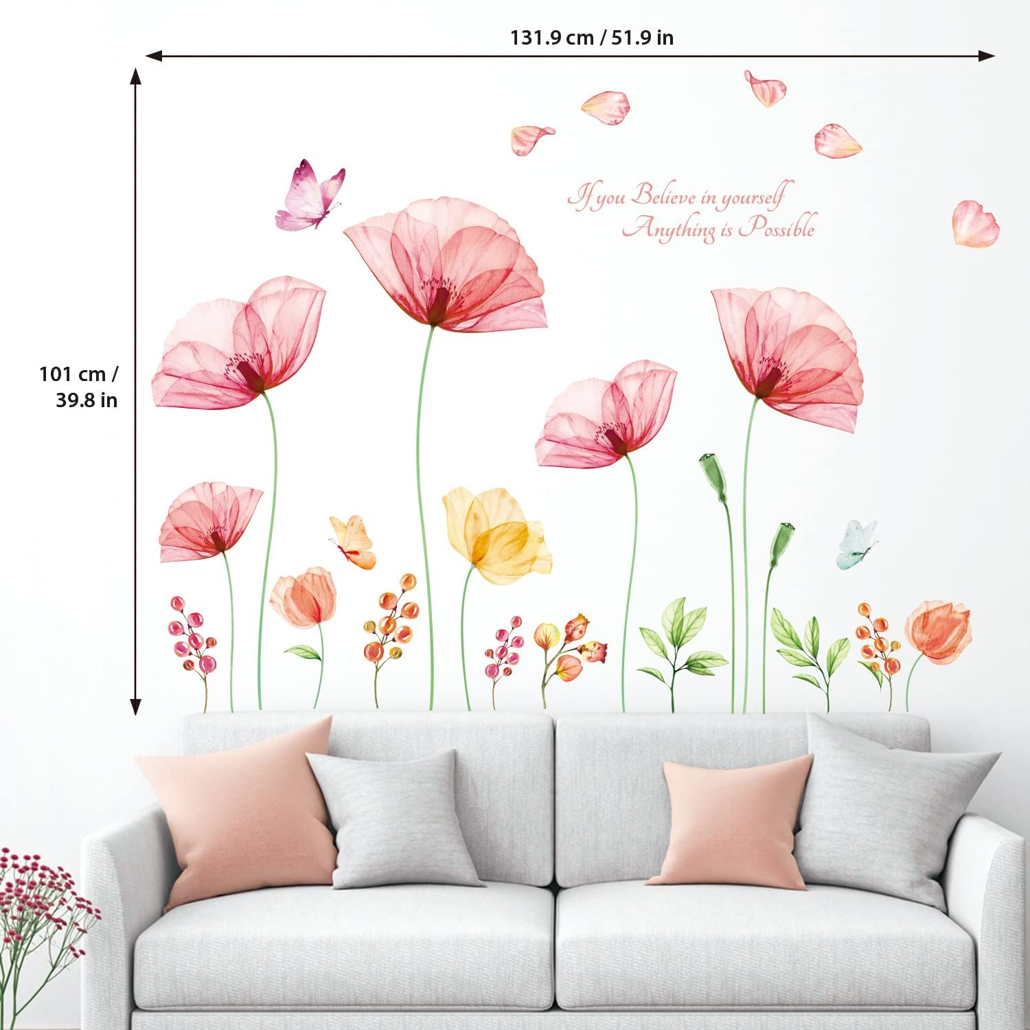 DECOWALL SG2-2206 Light Pink X-Ray Flowers Wall Decals Stickers Kids Peel and Stick Removable Nursery Room Floral Bedroom Living Peony Art D&eacute;cor Watercolor Butterfly Girls Decoration Rose Home DIY image number 6