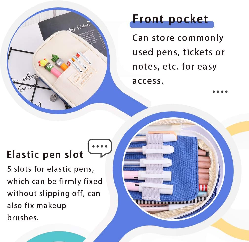 Isuperb Large Pencil Case Pen Holder with Zipper Beige and Blue Colour Clash Pencil Bag with Compartment Large Capacity Canvas Stationery Storage Bag Deformable Zipper Pencil Box for School or Office image number 5