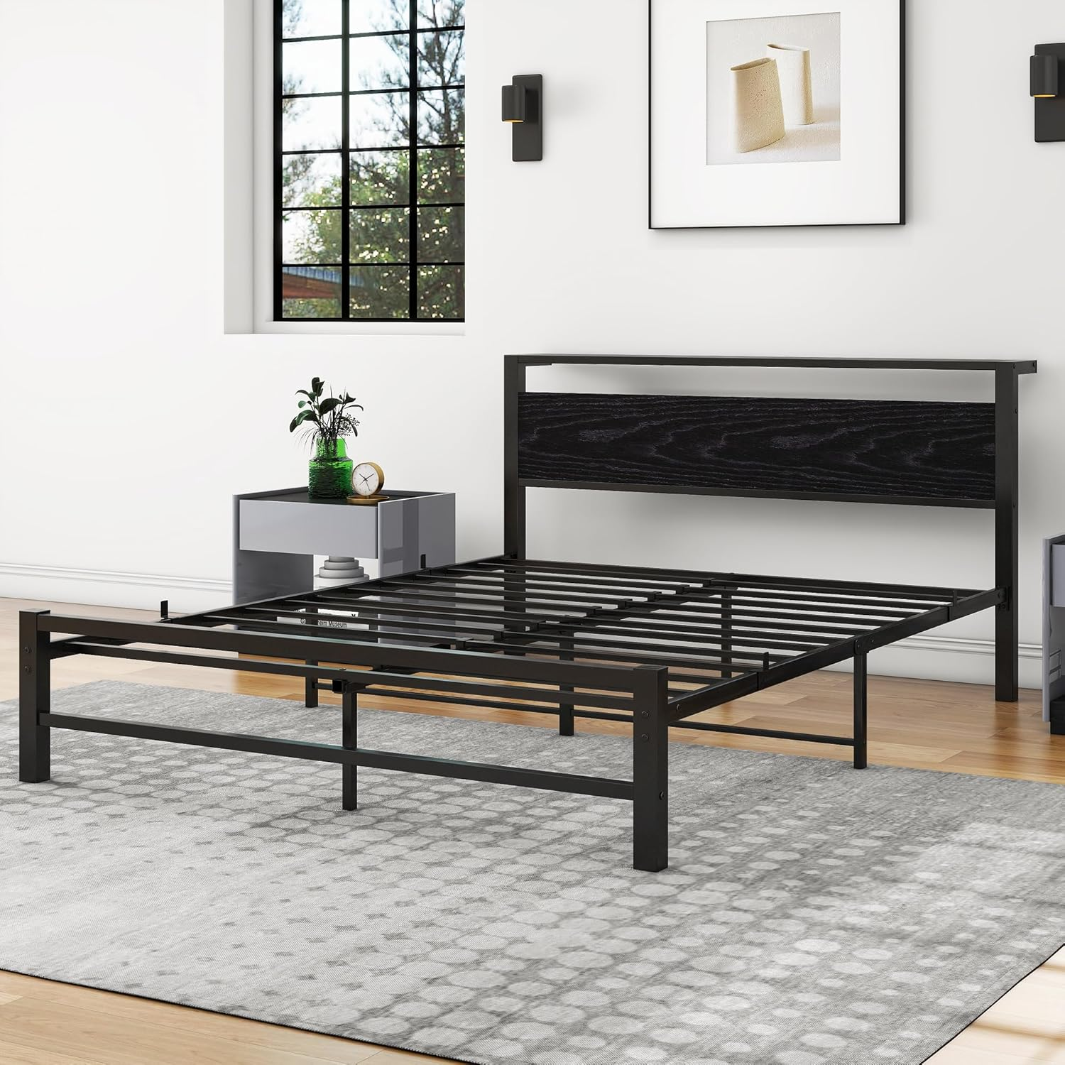Queen Bed Frame with Wood Storage Headboard, Metal Platform Bed Frame Queen Size No Box Spring Needed, Strong Slats Mattress Foundation, Non-Slip Noise Free, Easy Assembly, Black