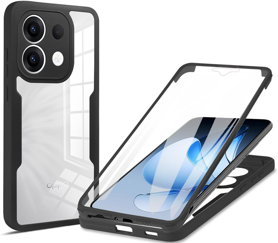 SEAHAI Clear Case for OPPO Reno 13 Pro 5G (Reno13 Pro 5G), with Built-In Screen Protector 360&deg; Full Body Rugged Armor Heavy Duty Shockproof Silicone TPU Bumper Trasparent Cover - Black