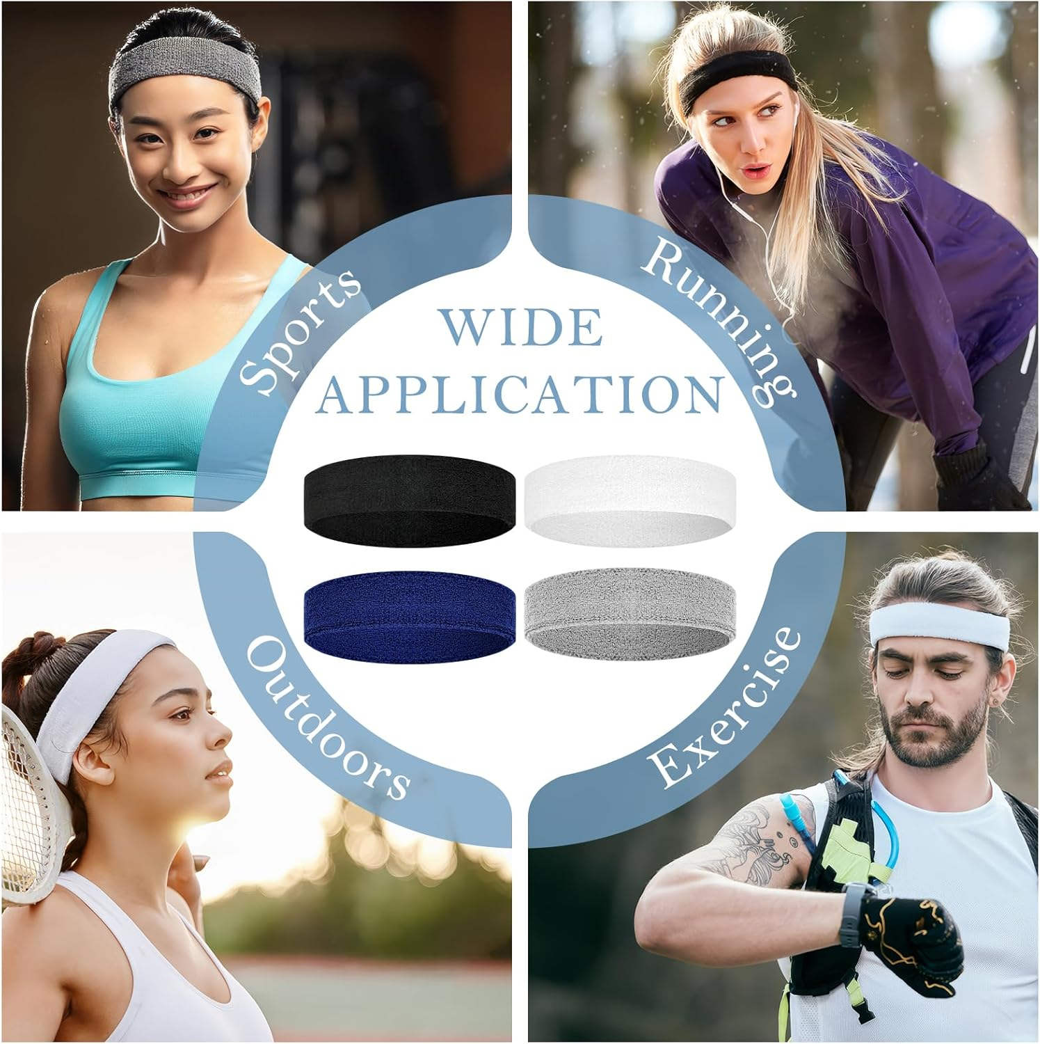 4 Pack Headbands for Men, Sweat Bands Headbands Men & Women, Cotton Terry Sweat Bands for Tennis, Basketball, Running, Gym, Working Out
