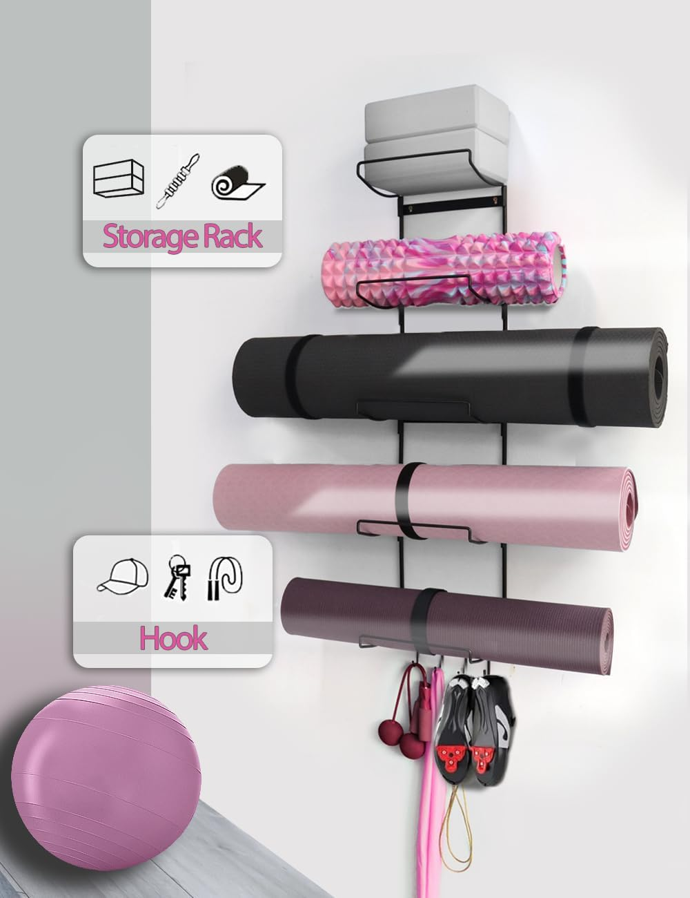 5-Tiers Yoga Mat Holder Wall Mount, Metal Storage Rack for Mat/Wheels, Foam Roller and Block, with 3-Hooks for Hanging Stretching Strap, Resistance Bands, Accessories image number 3