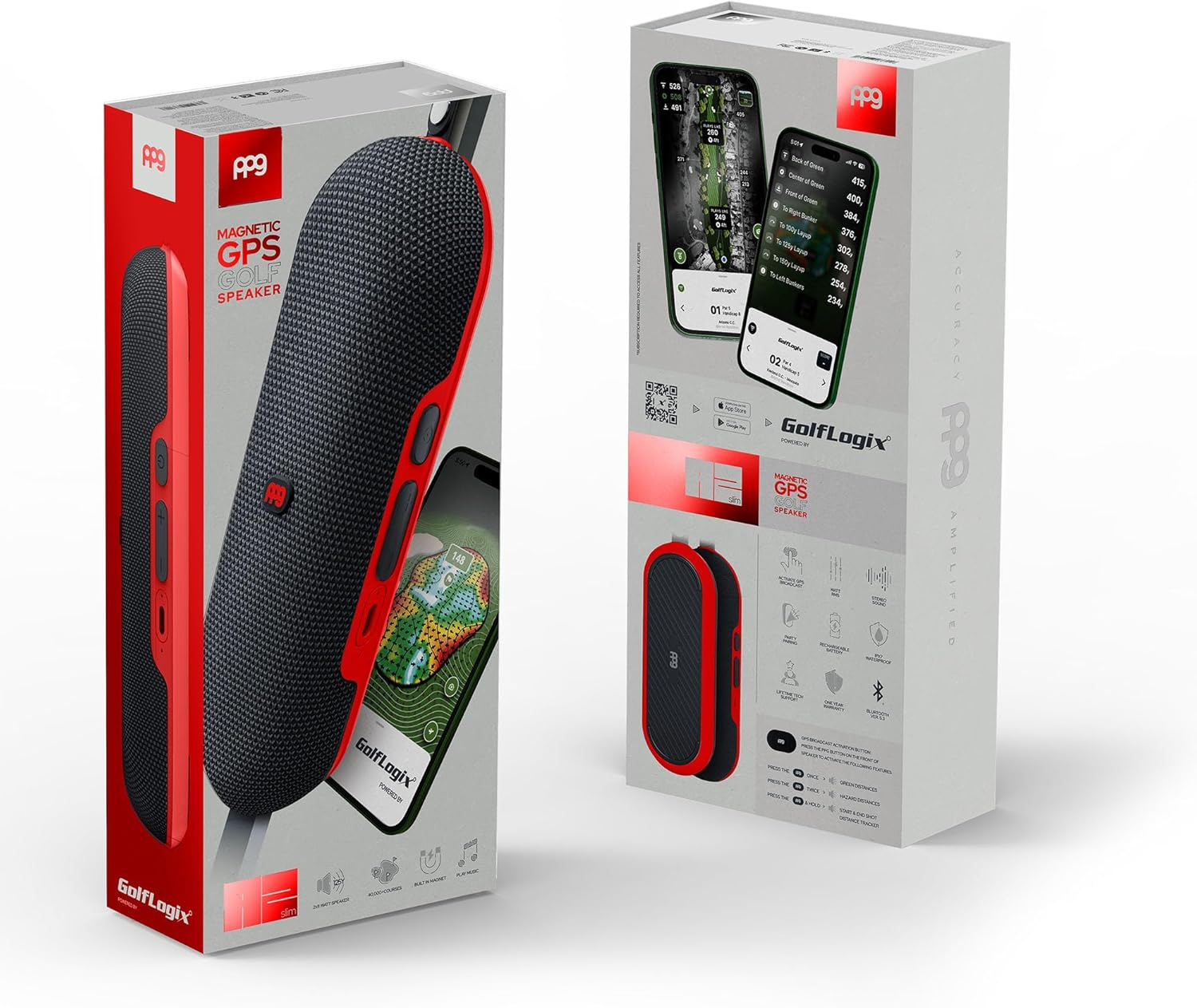 PPG All-In-One Golf Speaker with GPS Powered by Golf Logix &ndash; 40K+ Courses, 3D Mapping, Stereo Sound, Magnet Mount, IPX7 Waterproof, USB-C Rechargeable, Long Battery, Red image number 4