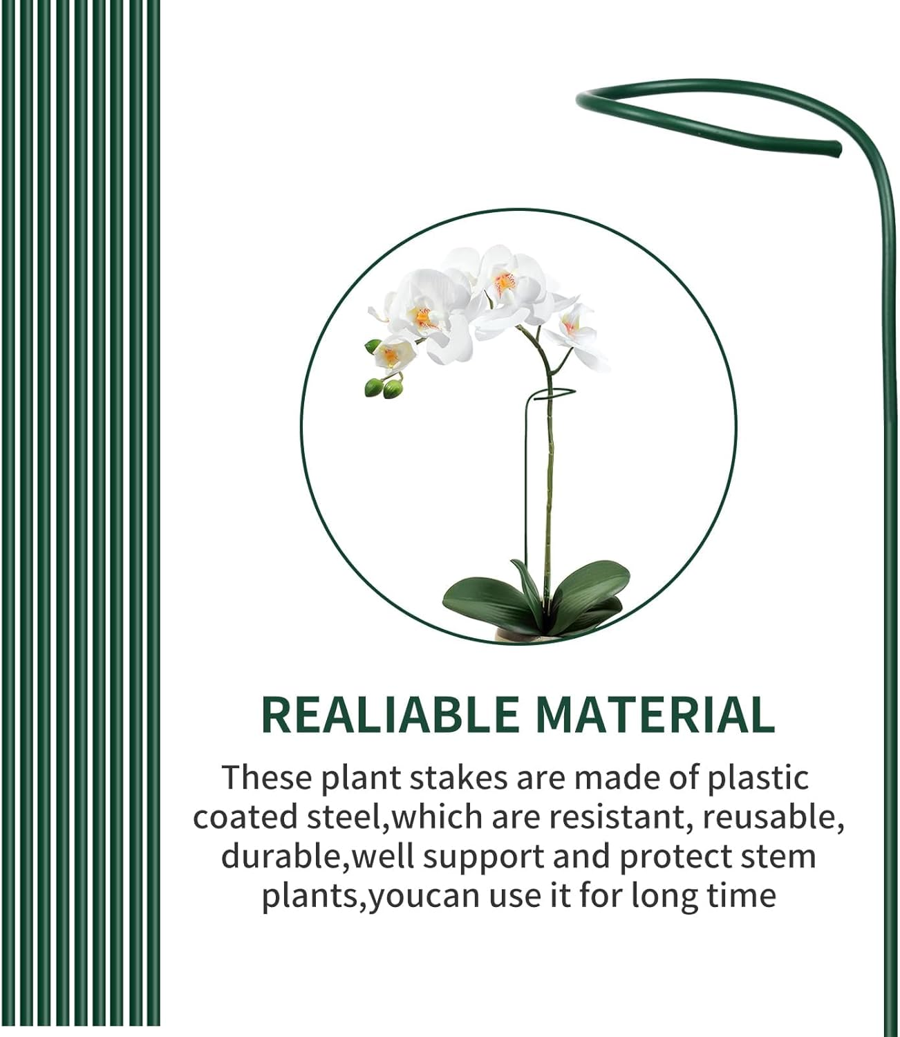 10Pcs Plant Support Stakes with 15 Pcs Clips, 16-Inch Tall Bendable Single Stem Flower Sticks for Indoor and Outdoor Plants, Orchid Clips (Green) image number 2