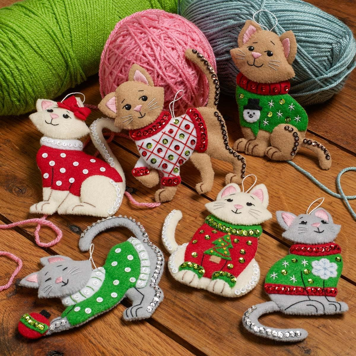 Bucilla Felt Ornaments Applique Kit Set of 6 Cats in Ugly Sweaters image number 3