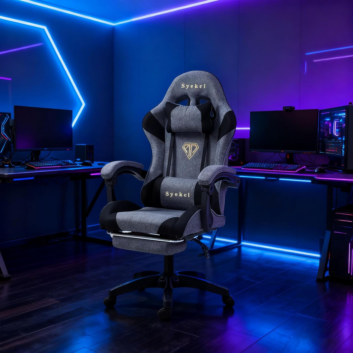 Gaming Chair Computer Chair, Ergonomic High Back Fabric Gaming Chair, Tilt and Height Adjustable Computer Chair with Neck and Massaging Lumbar Support for Office or Gaming (Linen, Grey) image number 1