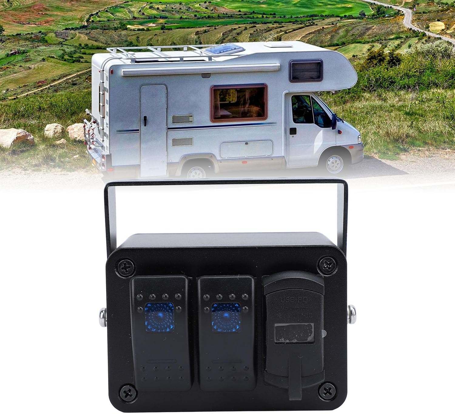 Jiawu 2 Gang Rocker Switch, Toggle Switch Panel Box, Waterproof Marine Boat Toggle Rocker Switch, Aluminum Alloy Switch Panel for Car, Truck, Boat, RV, Trailer, UTV, ATV (Blue Light)