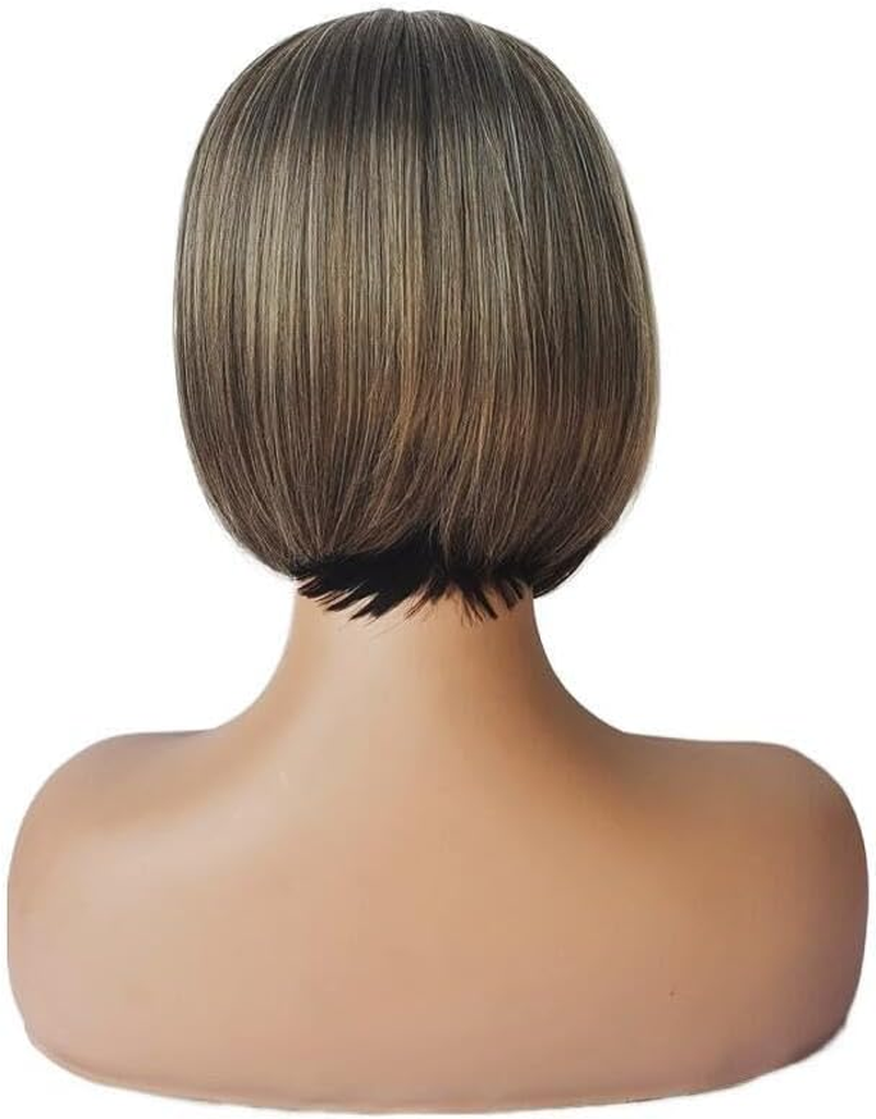 AUBWIG Brown Mixed White Bob Wigs Classic Short Bob Short Straight Wig with Fringe Heat Resistant Synthetic Wigs (Brown Mixed White) image number 5