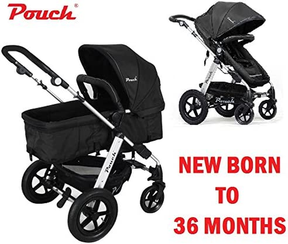 POUCH 2 in 1 Baby Toddler PRAM Stroller Jogger Aluminium with Bassinet (Black) image number 4