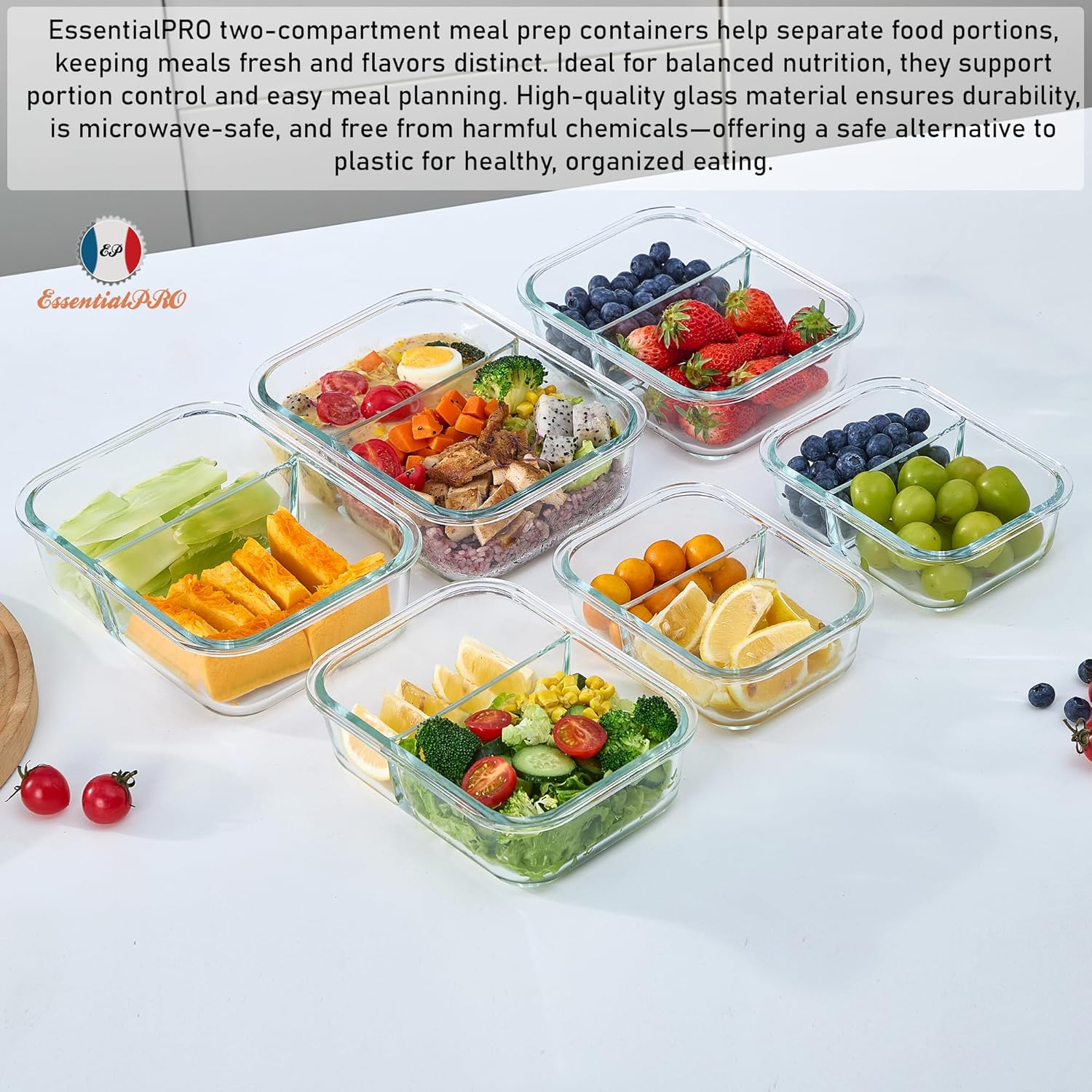 12 Pcs 6 Pack Glass Meal Prep 2 Compartment Containers. Food Storage Lunch Containers. Airtight Snap Lock Lids with Steam Vents. BPA Free. Microwave, Dishwasher, Oven & Freezer Safe. Food Organisation image number 4