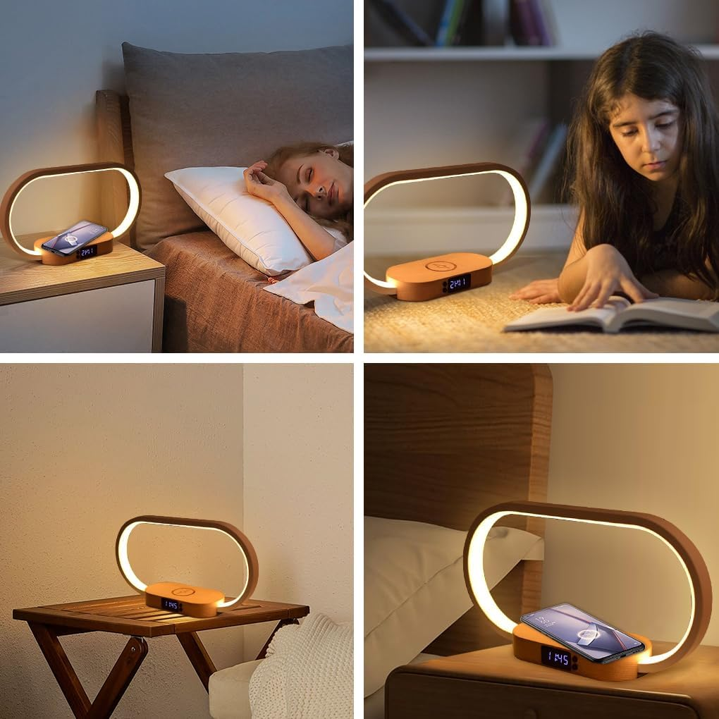 Clora Bedside Table Lamp with 10W Wireless Charger, Touch Control Dimmable 3 Color Temperatures LED Nighstand Light with USB Charging Port and Clock for Living Room Bedroom Office Home Decor Gift image number 4