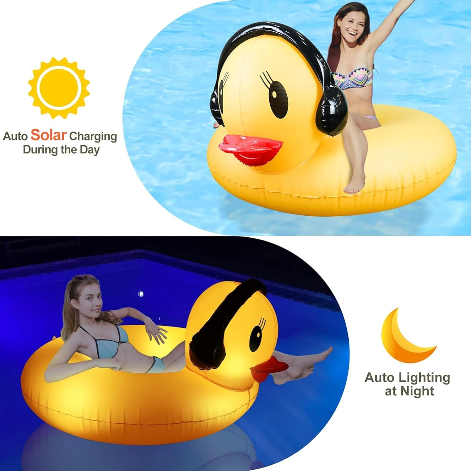 Inflatable Duck Pool Float with Lights, Solar Powered Pool Inflatables Duck Floaties for Adults Kids, 44" Large Animal Swim Tube Ring Pool Float with Fast Valves Summer Beach Pool Lounge image number 1