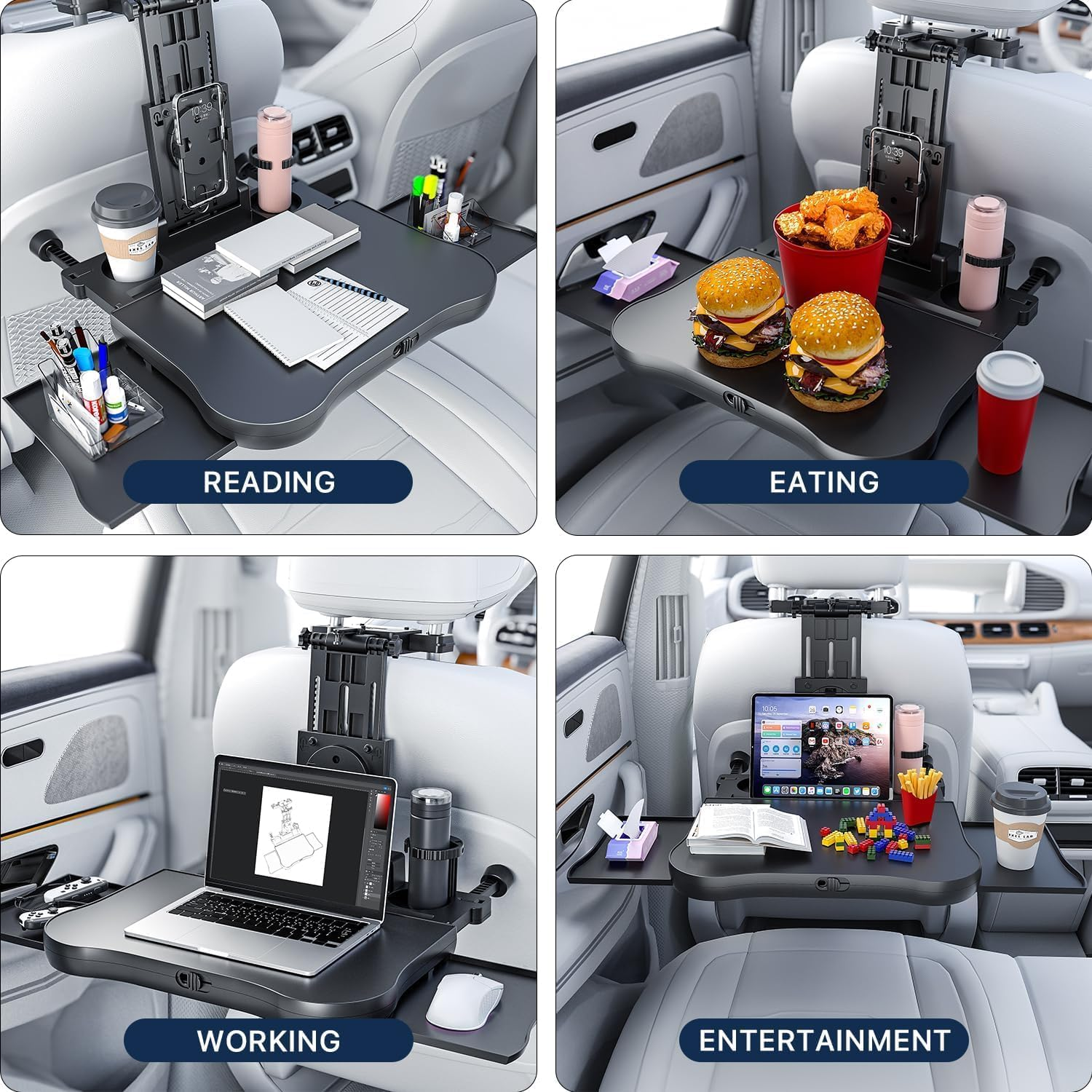 Car Back Seat Tray Table, Stable Foldable Auto Backseat Food Trays Desk for Rear Passenger Road Trip Eating & Work, Multifunctional Adjustable Travel Tray with Phone Drink Holder for Laptop Ipad image number 4