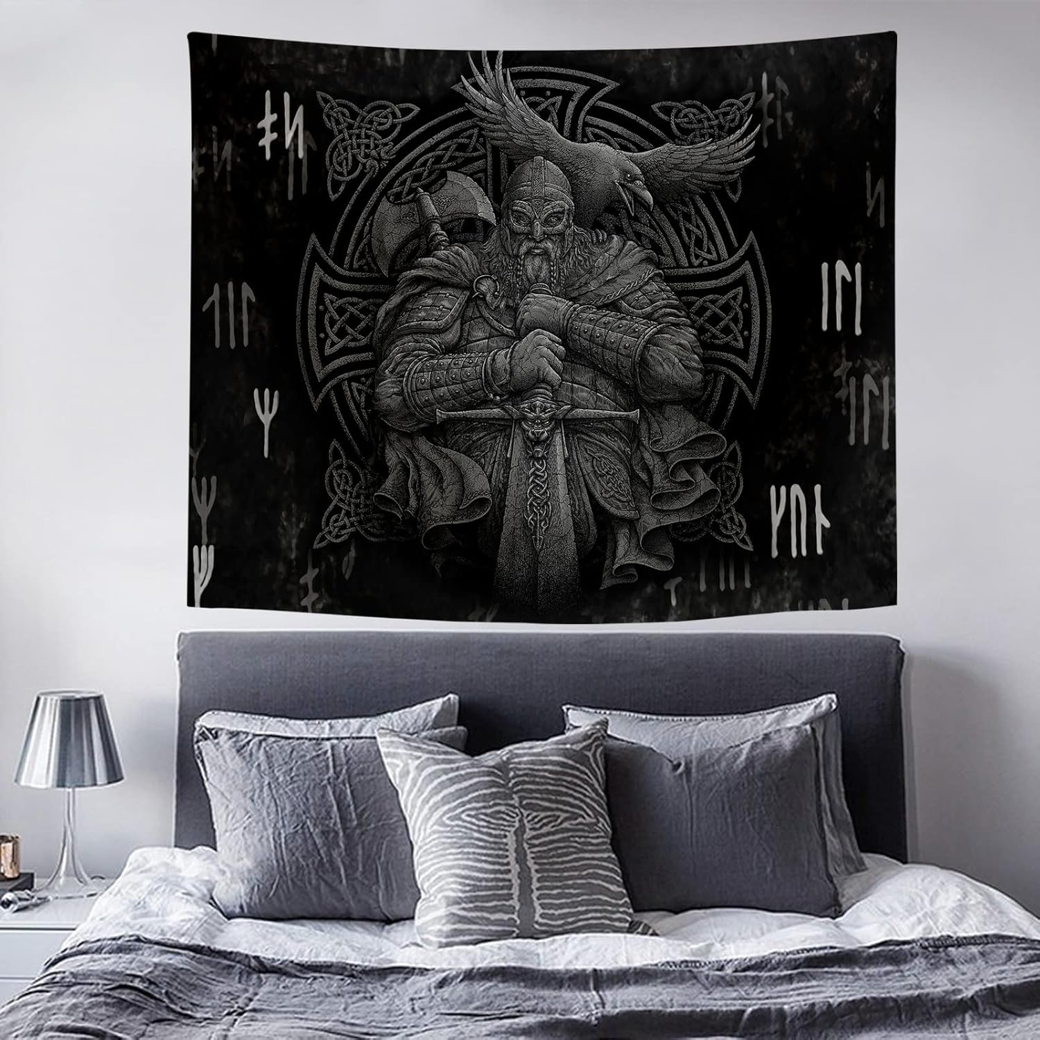 ST Soleme.Tc Norse Viking Tapestry Odin Warrior Sword Axe Raven Tapestries Square Knot Tattoo Wall Hanging Nordic Meditation Runes for Men Bedroom Aesthetic Gothic Room Home Decor 59" X 51" image number 1