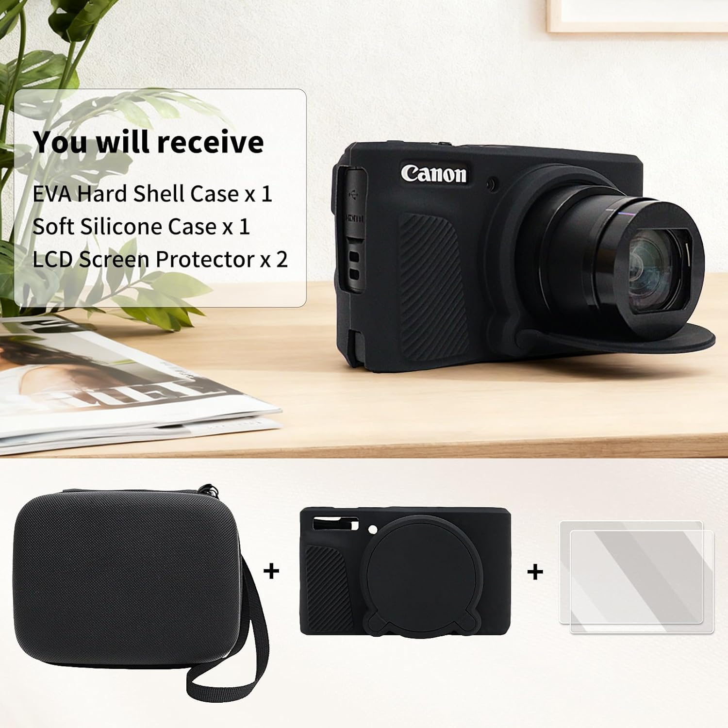 VOVMOEYA Camera Case for Canon Powershot SX730/SX740 HS, Sx730/740 Hs Camera Case Accessories Kit,Eva Hard Carrying Bag + Soft Silicone Protective Cover + 2 LCD Tempered Films-Black - Grey And Pink image number 3