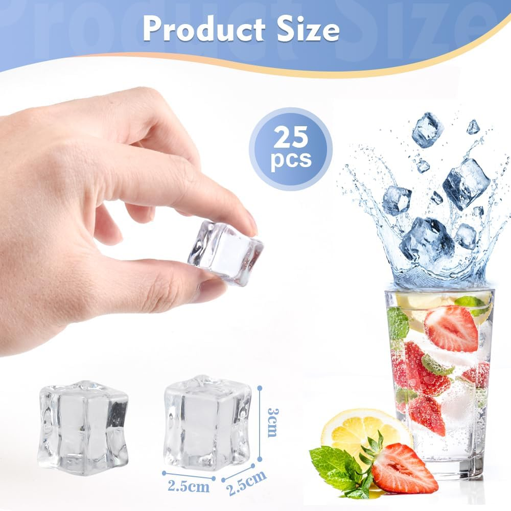 LANSKYLAN Pack of 25 Artificial Acrylic Ice Cubes, Reusable Permanent Ice Cubes, Clear, 30 Mm, Plastic Ice Cubes, Reusable Ice Cubes, Plastic Party Ice Cubes for Photography, Props, Decoration image number 3