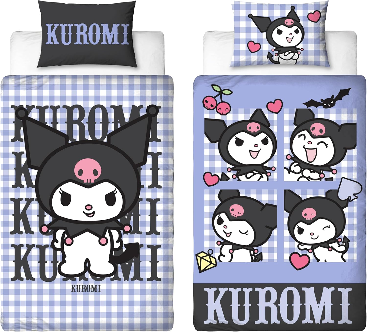 Character World Hello Kitty Officially Licensed Rebel Design Single Duvet Cover Set | Reversible 2 Sided Kuromi Bedding Including Matching Pillow Case | Perfect for Kids Bedroom | Polycotton