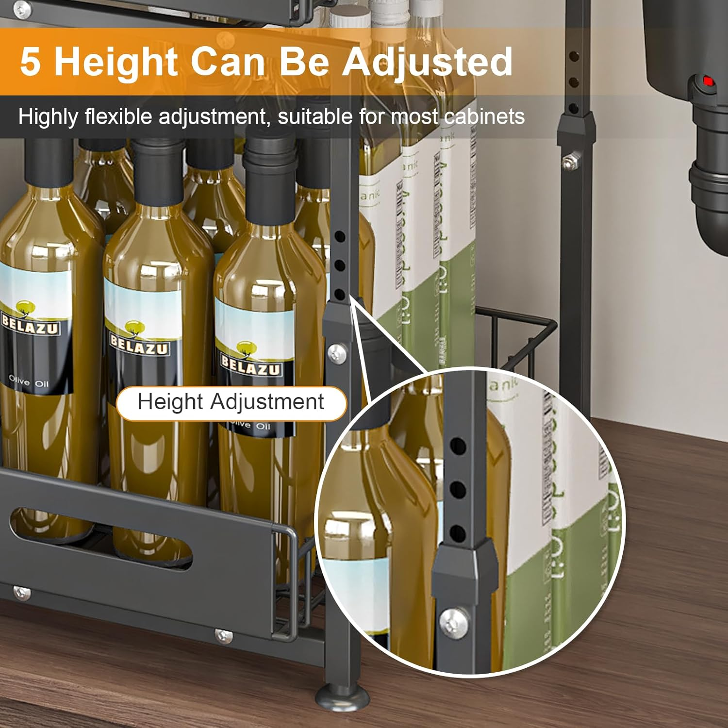 2-Tier under Sink Organizer and Storage, Pull Out Cabinet Organizer, Multi-Purpose under Sink Storage Rack, Height Adjustable Metal Sliding Shelf for Kitchen, Bathroom, Pantry (Black) image number 1