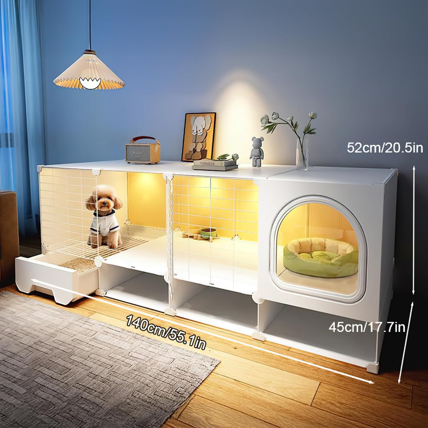 XXYSPT Cat Cage Cat House for Indoor Cats and Small Dogs, 2-Tier Large Enclosure with Litter Area, Storage, Cozy Bed Space, Transparent Panels & Top Fence, Modern White, 140X45X52Cm (55X17.7X20.5In) image number 6