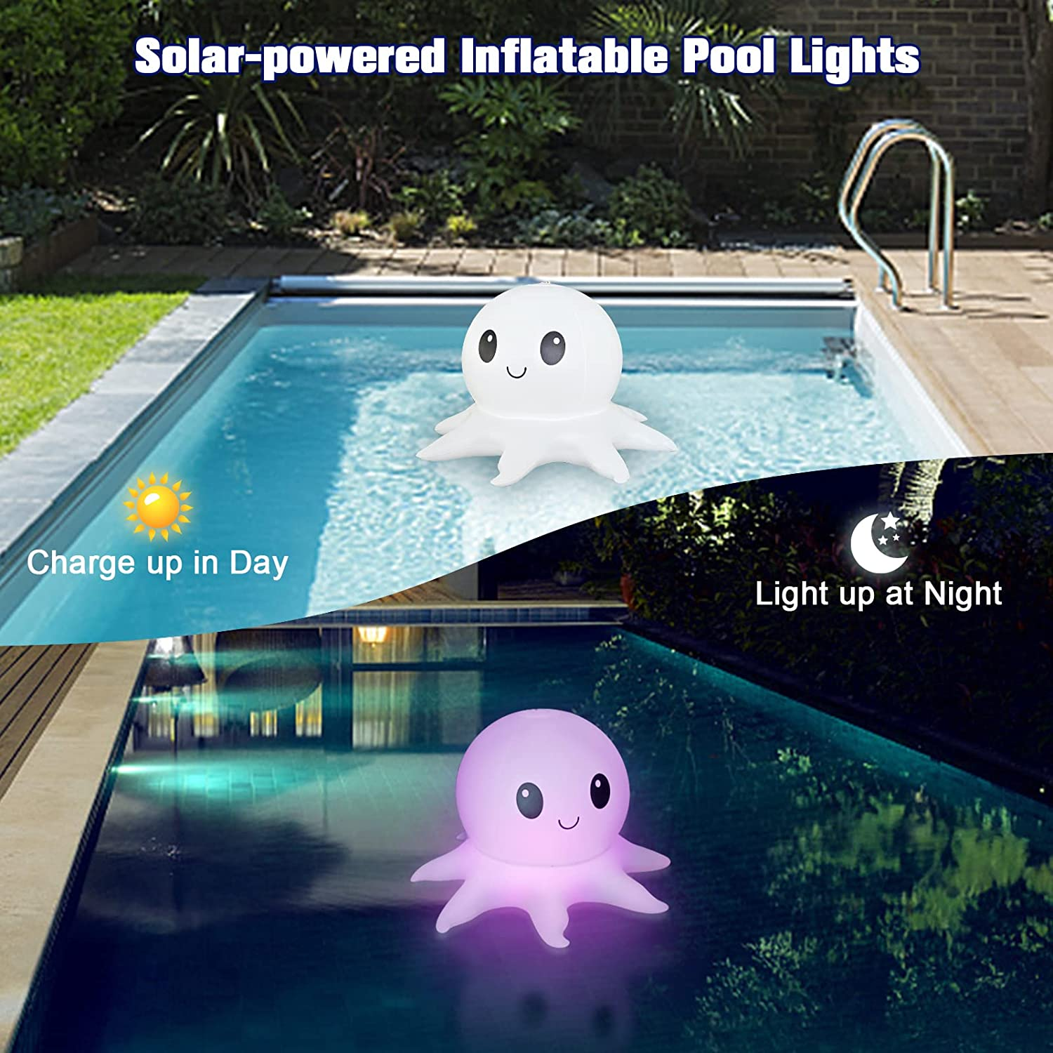 Qoolife Solar Floating Pool Lights,2 Pack Inflatable Octopus Lights with Remote Control, 16 WRGB Colors 4 Modes, IP68 Waterproof Premium Quality, Outdoor Decor Pool Garden Party Christmas Decorations