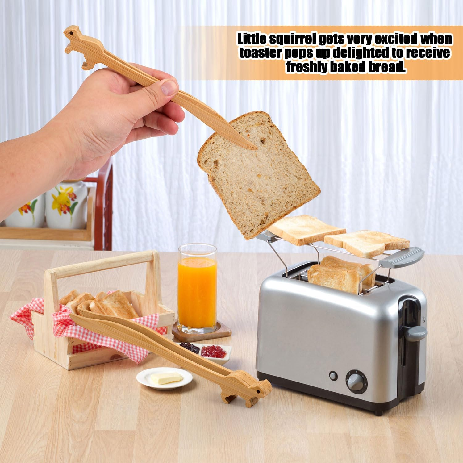 Bamboo Toast Tongs, 9In Cute Squirrels Pattern Heat Resistant Wooden Toaster Tongs Multipurpose Wood Serving Tongs Kitchen Gadgets for Cheese Meat Fruits Bread Fried Food image number 5
