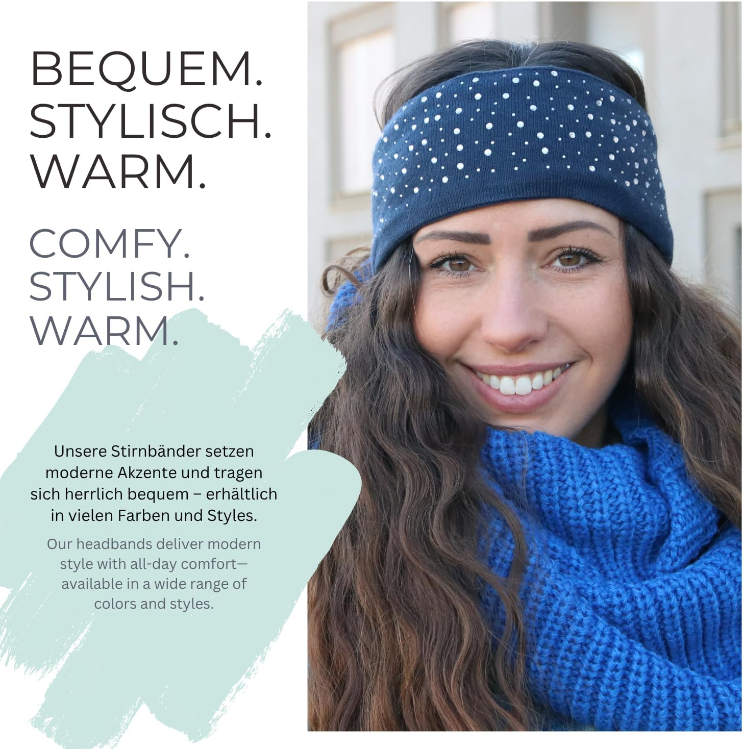 Stylebreaker Women'S Winter Headband with Rhinestones and Fleece Lining Warm Elastic Fine Knit Headband Lined Glitter Headband for Cold Days, Colour: Petrol Blue image number 5