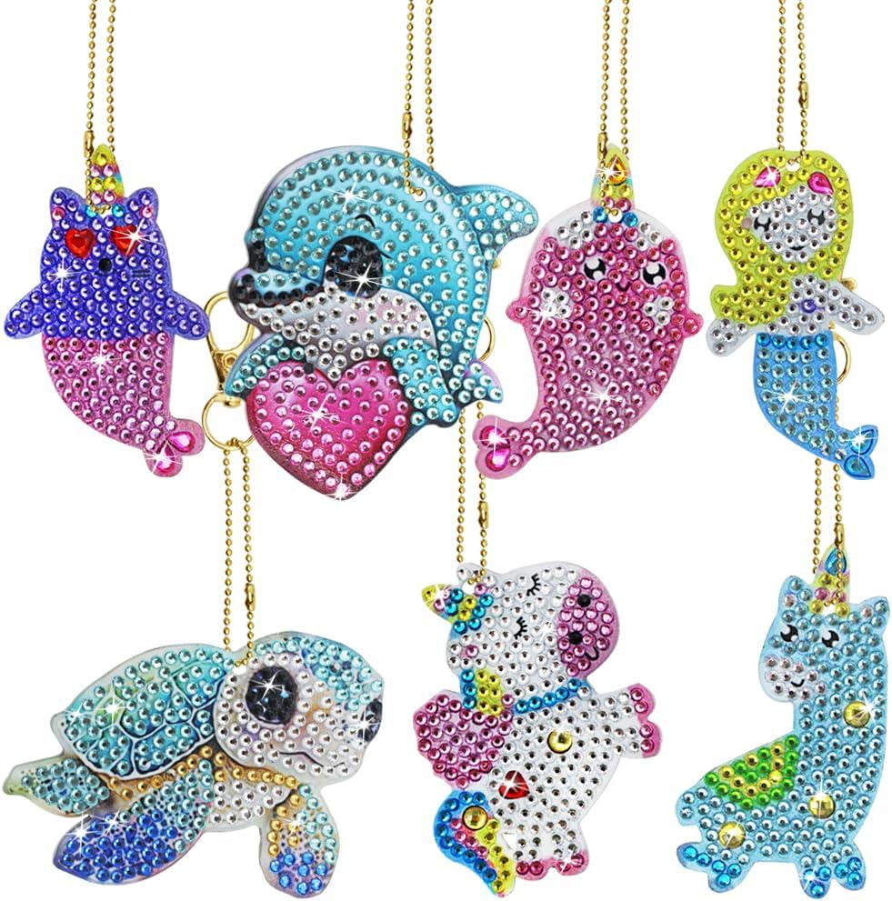 SENHAI 7 Pcs DIY Diamond Art Keychains, Diamond Paintings Keychains Ornaments 5D Diamond Key Chain Rhinestone Pendant Decorative Key Ring Gem Arts and Crafts image number 3