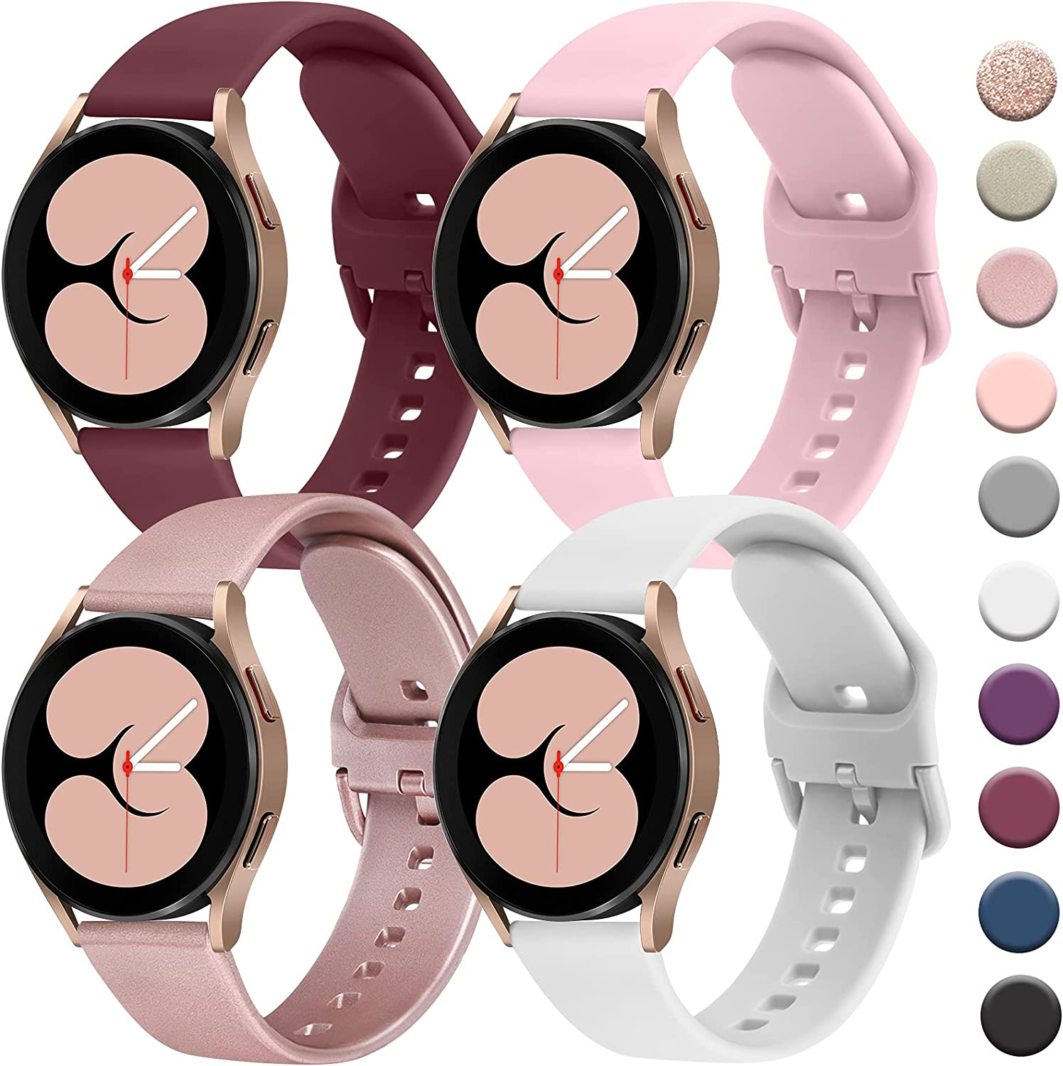 4 PACK Bands Compatible with Galaxy Watch 4 Band 40Mm 44Mm, Galaxy Watch 4 Classic Band 42Mm 46Mm, Galaxy Active 2 Watch Band, 20Mm Adjustable Silicone Sport Strap Replacement Bands for Women Men (Winered+Pink+White+Rosegold) image number 1