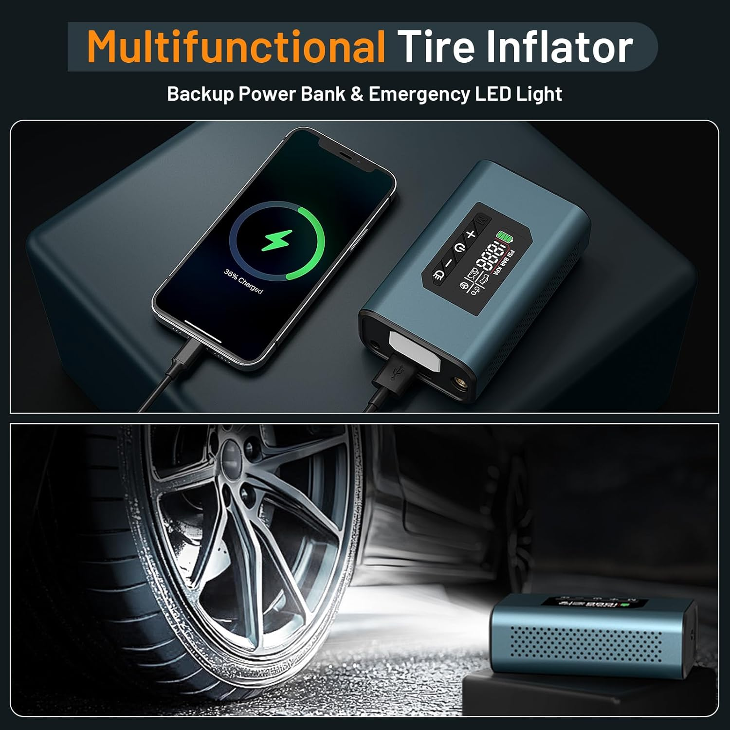 PHIRAH Tire Inflator Portable Air Compressor, Cordless Tire Air Pump for Car Tires with Digital Pressure Gauge, 150PSI Fast Inflation Tire Pump with LED Light for Cars, Motorcycles, Bikes, Balls image number 4