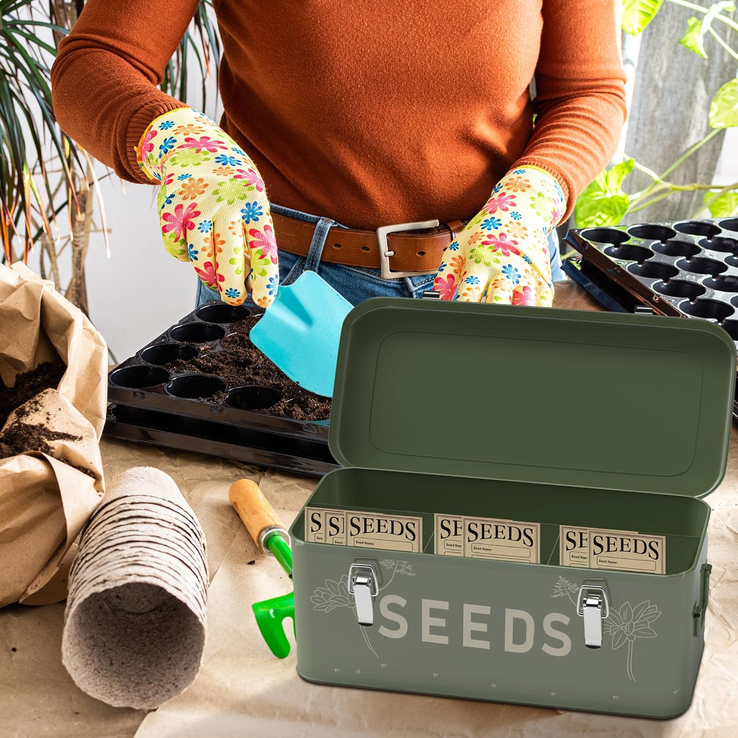 Orionstar Seed Storage Organizer, Metal Seed Saving Box with Lid, Seed Bin with 30 Plant Labels 30 Seed Envelopes 1 Marker Pens, 4 Compartments Box with Safety Locks, Blackish Green image number 3