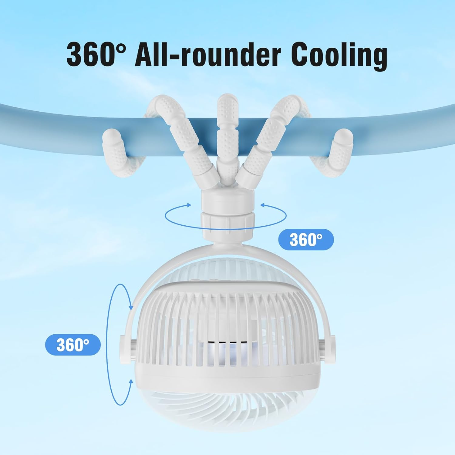 Small Battery Operated Clip-On Versatile Fan with Flexible Tripod, 5000 Mah Portable Stroller Fan, Rechargeable Desk Fans, 4 Speeds, Max 26 Hrs, USB Powered,360&deg;Rotation, for Car (White)