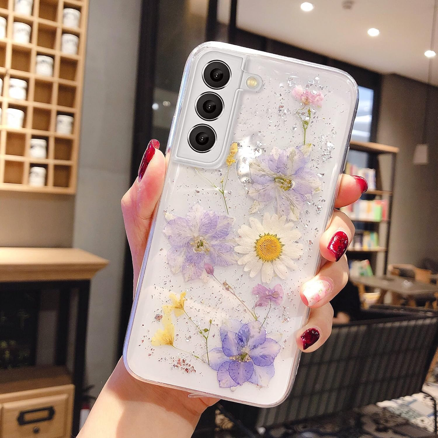 EYZUTAK Dried Flower Case for Samsung Galaxy S23, Soft Slim TPU Clear Sparkle Stars Glitter Silicone Gel Shockproof Flower Protective Case Light Blue image number 1