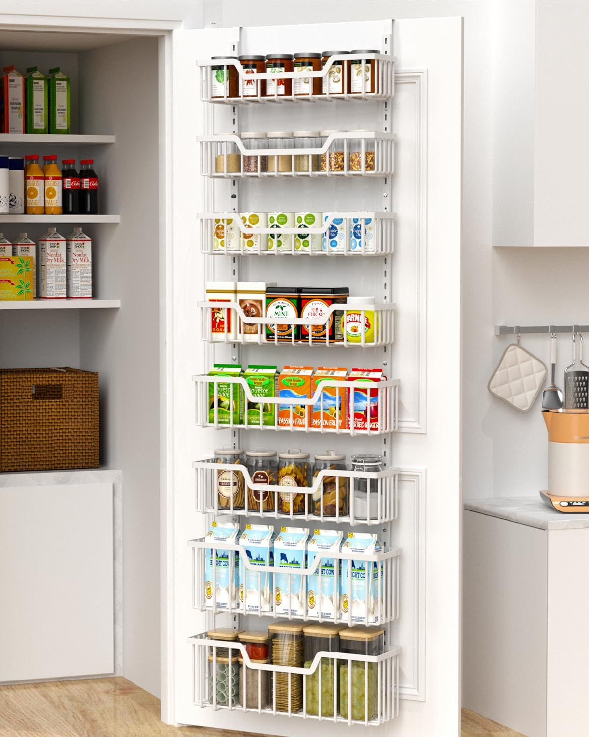12.3" W Narrow over the Door Pantry Organizer, 6-Tier over the Door Organizer with Adjustable Basket, Pantry Door Organization for Pantry Kitchen Storage Room Spice Rack, White
