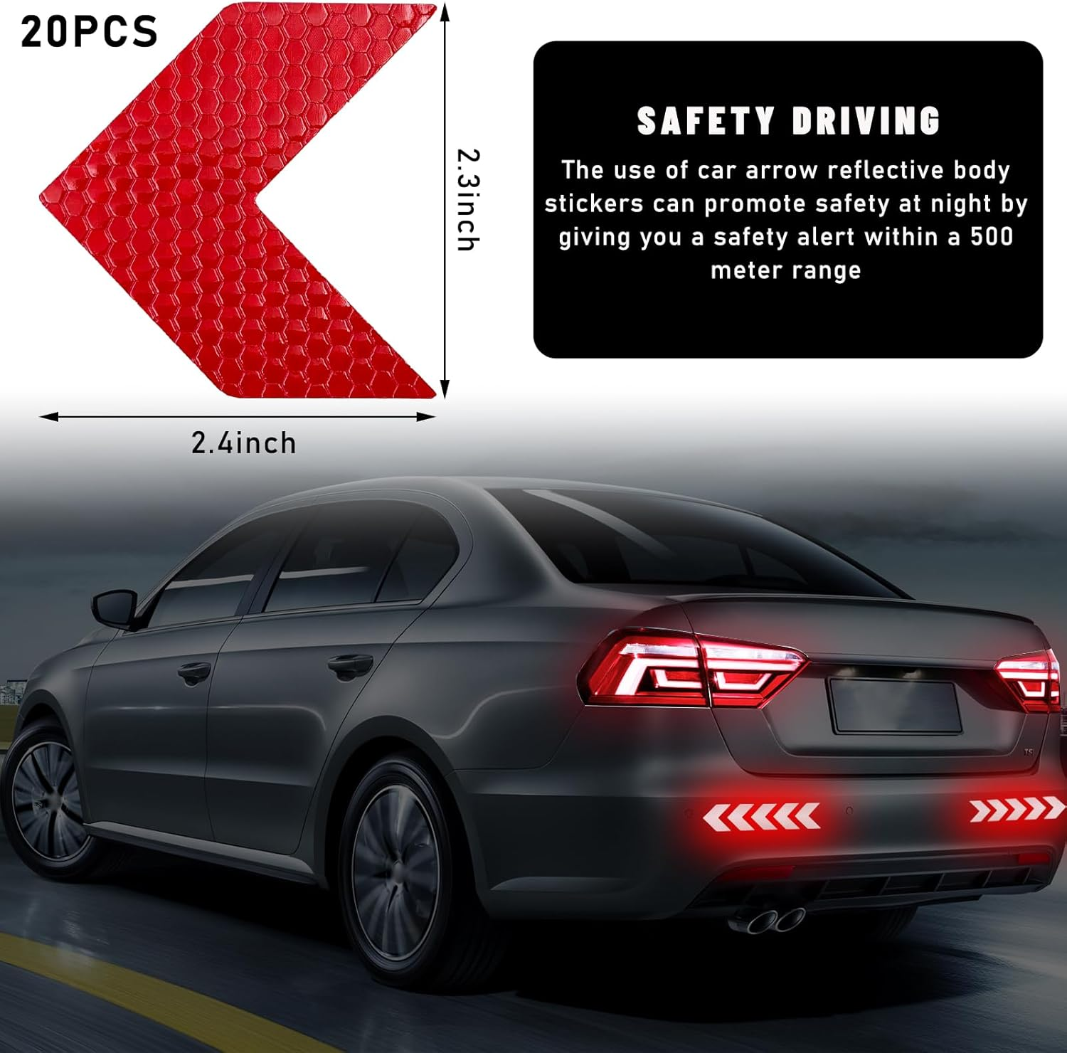 Sylvil 20 PCS Car Arrow Reflective Stickers, Waterproof Safety Warning Sign Reflective Decal, High Night Visibility Reflector Tape for Auto Trunk Rear Bumper Body, Car Accessories (Red) image number 1