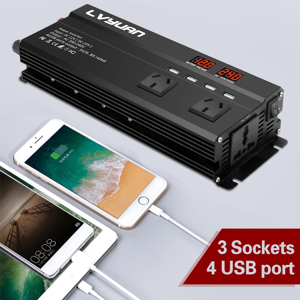 Yinleader Inverter 1000W Car Power Inverters 12V DC to 240V AC Converter with 4 AC Outlet 4 USB, 12 Volt Invertor Car Cigarette Lighter Inverter for Vehicles, Power Inversor 1000 Watts(Red)