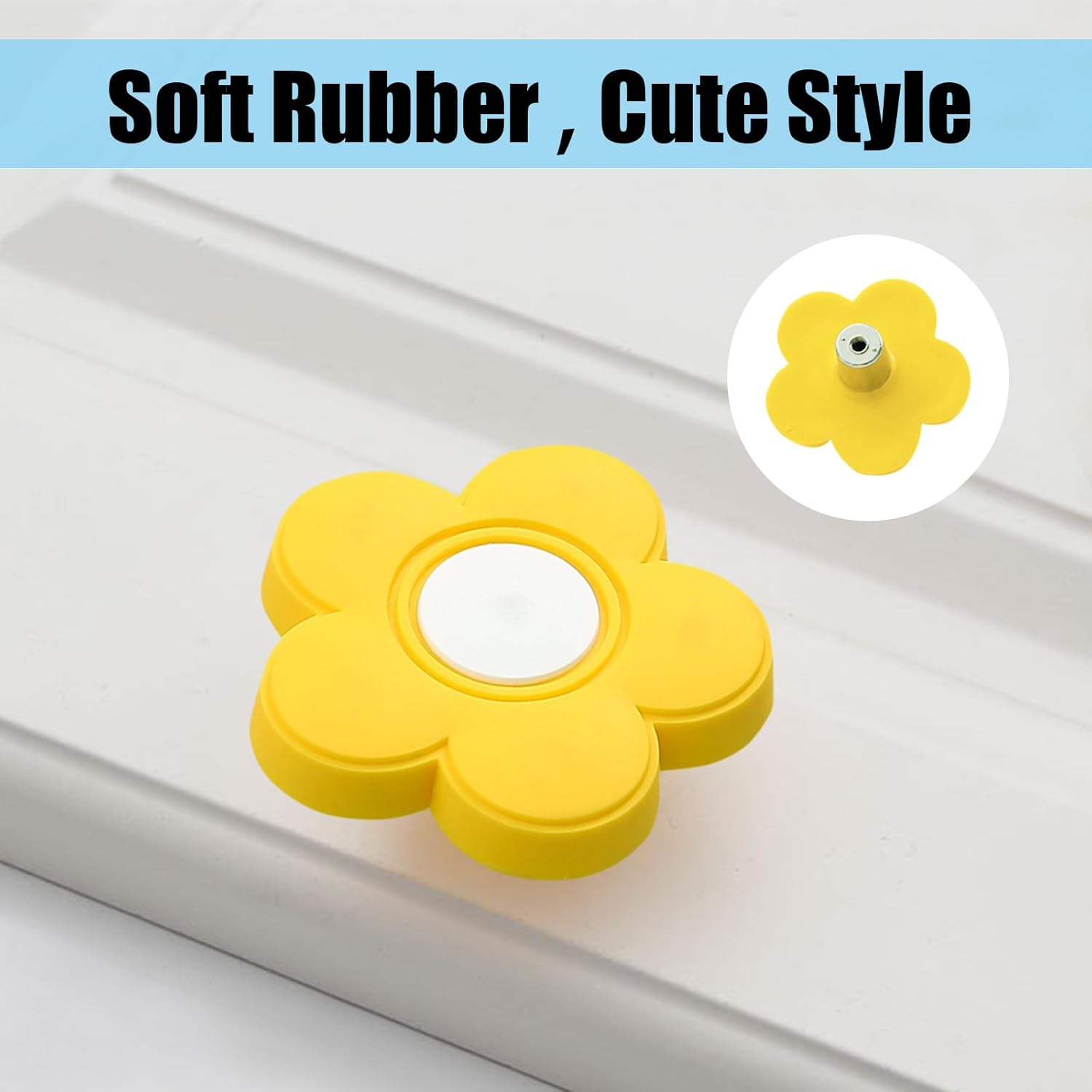 6Pcs Yellow Flower Shape Knobs - Soft Rubber Handles, Cabinet Drawer Pulls for Kids' Rooms & Closets, 1.8X1.8X0.85 Inch with Screws image number 2