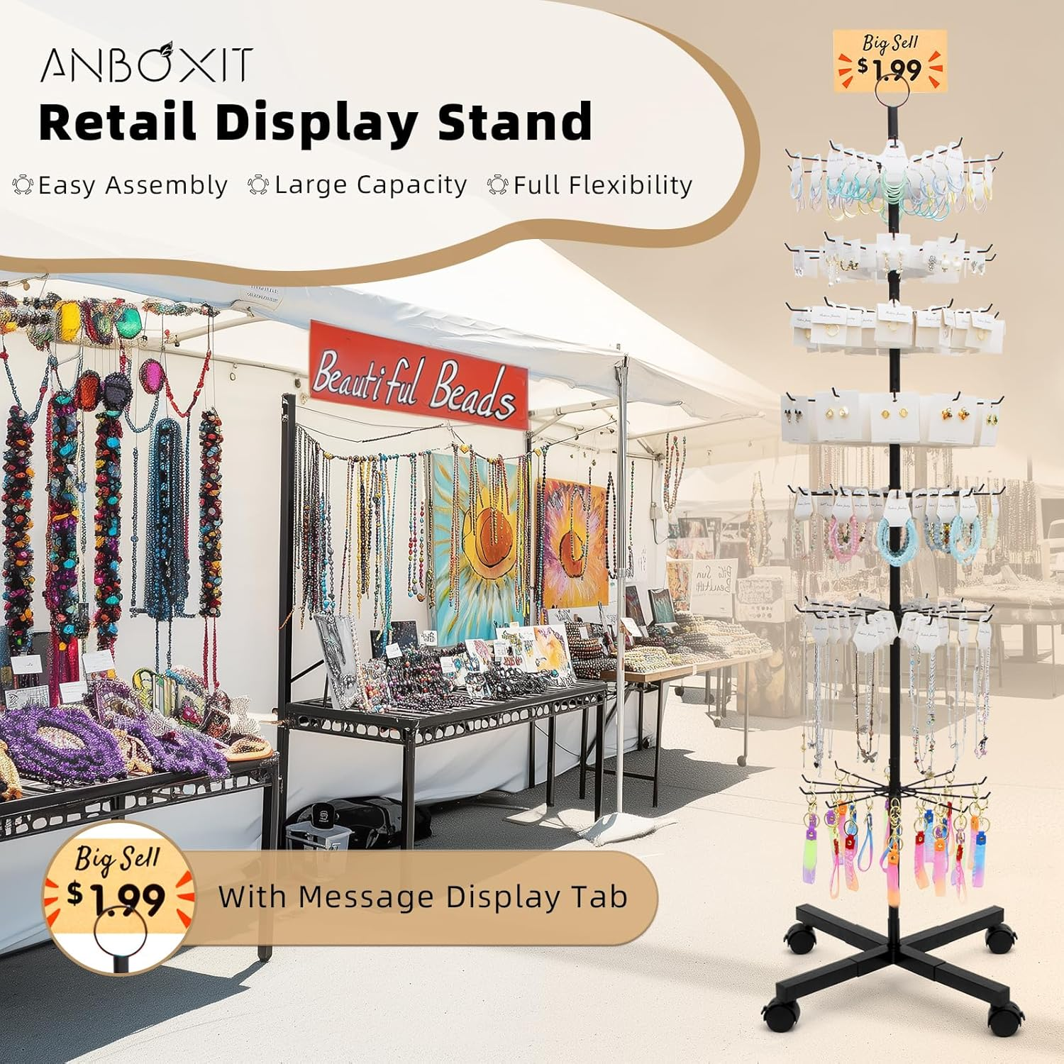 ANBOXIT Retail Display Stand 7 Tier Rotating Display Rack for Keychains Jewelry Vendor Events and Stores Movable and Adjustable - Black image number 5