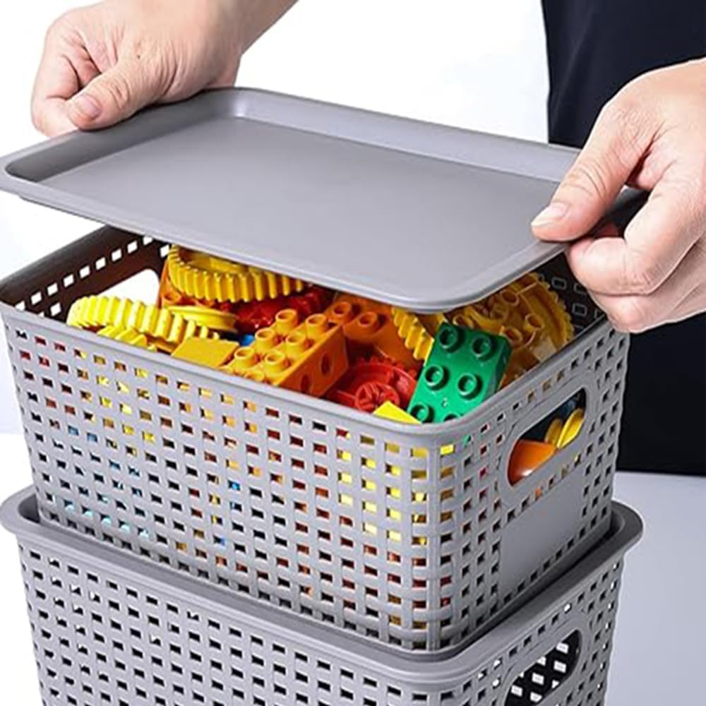 SHENMAIDAY 12-Pack Plastic Storage Baskets, Storage Boxes with Lids, Food Storage, Stackable Storage Boxes, Home Organizers for Shelves Drawers Desktop Closets, Gray image number 1