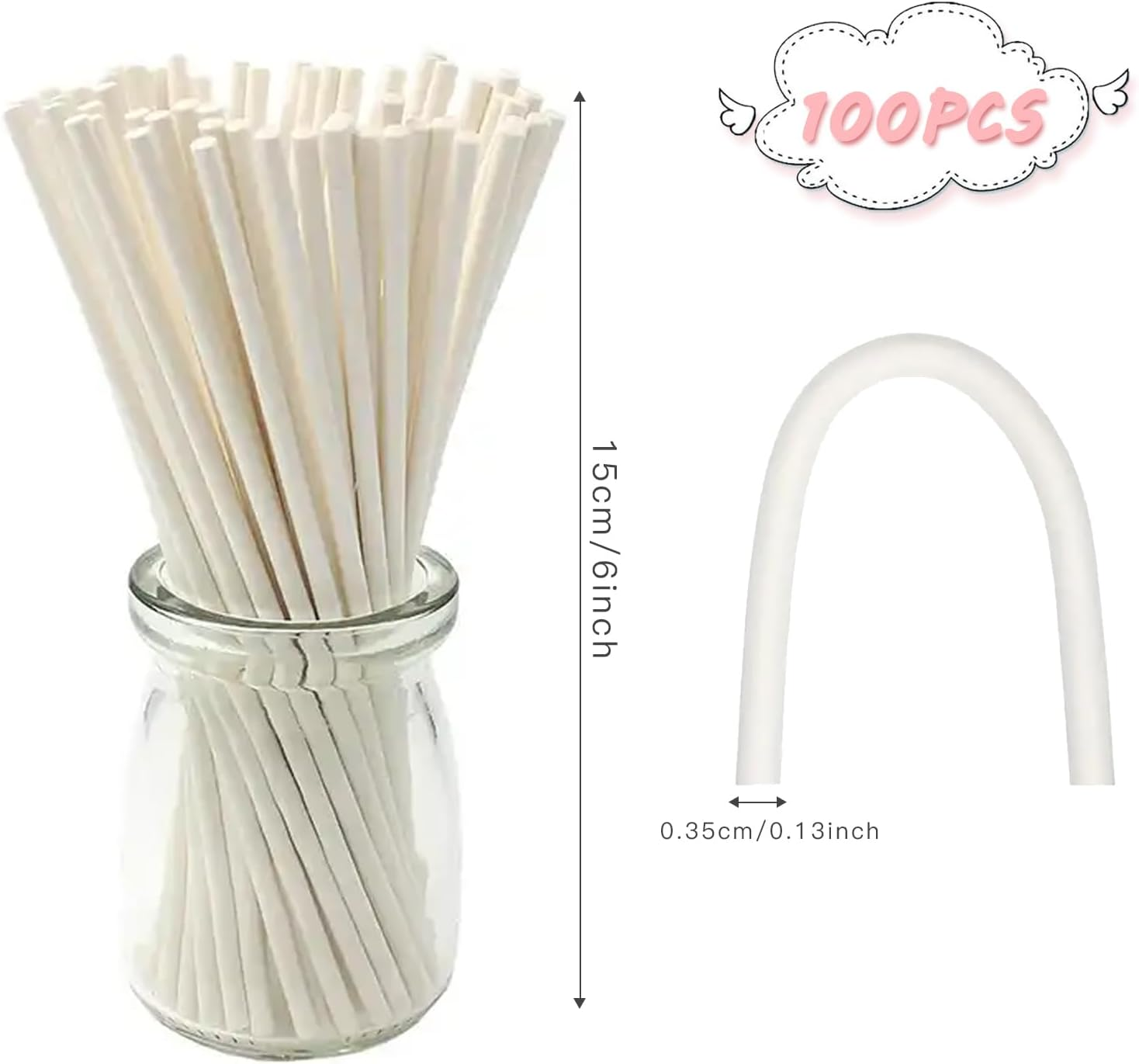 YALLOVE 150Mm (6 Inches Long) White Paper Lollipop, Cake Sticks, Lolly Lollies Crafts, Pack of 100 image number 2