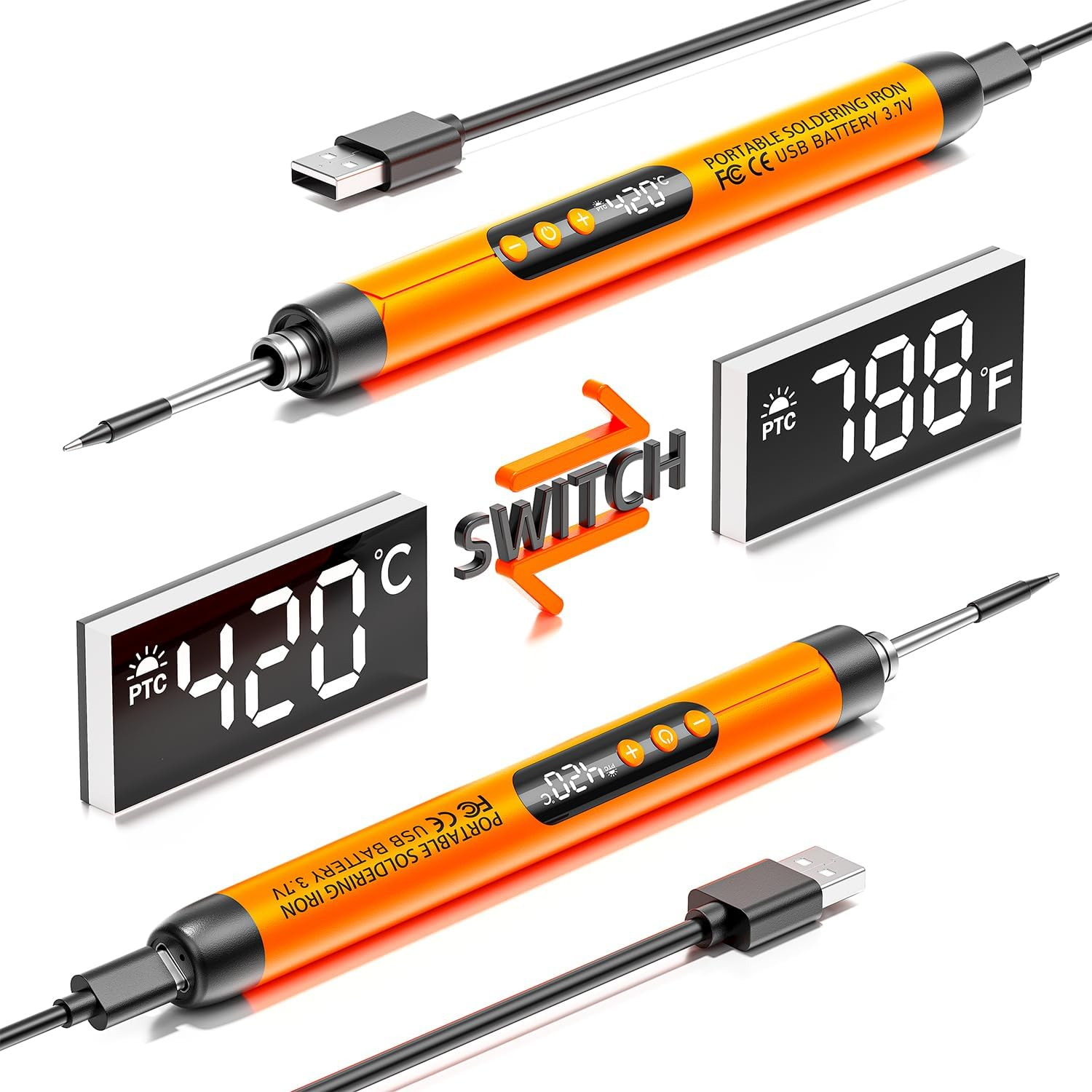 Soldering Iron Kit - Cordless USB Rechargeable Soldering Iron with 3-Speed Temperature Adjustment, Portable Heating Core, Soldering Iron Cord, Rosin, Soldering Iron Stand & Storage Box (Orange) - Orange image number 5