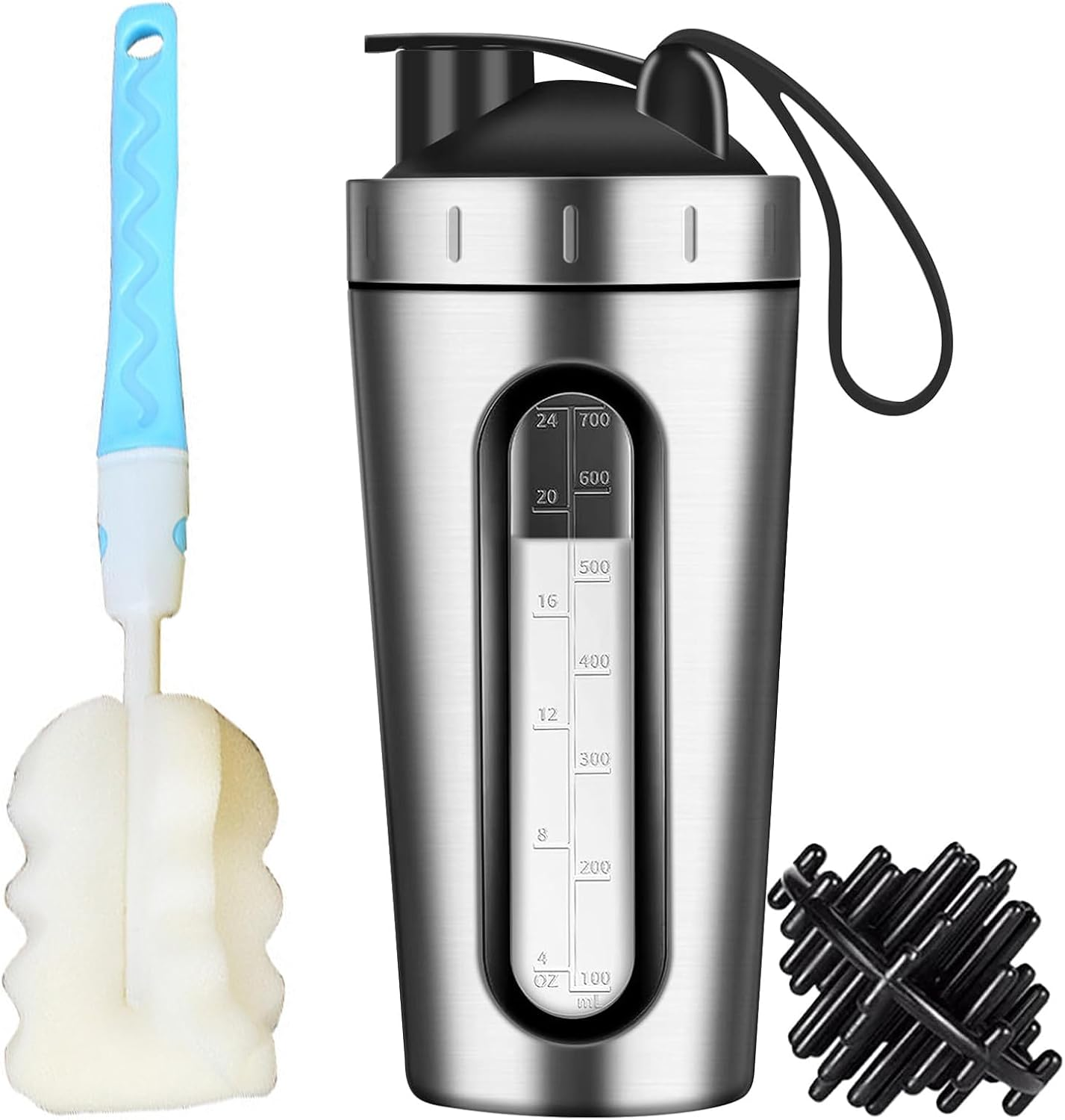 Protein Shaker Bottle, Silver 26Oz Shaker Bottles for Protein Mixes and Pre Workout, Visible Window Stainless Steel Protein Shaker Cup with Shaker Ball, Reusable Gym Drink Shaker Cup image number 4